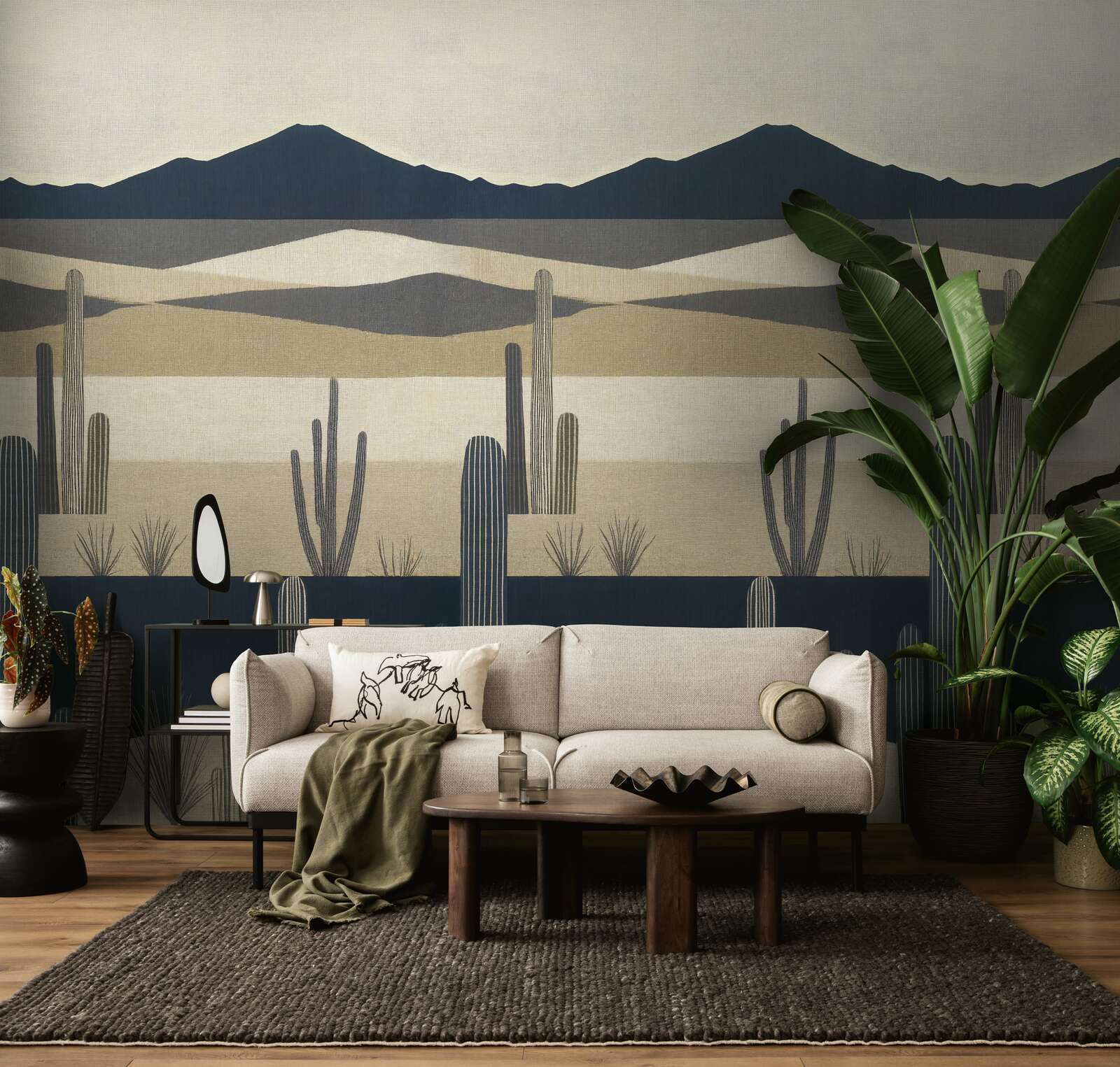 Modern non-woven wallpaper with desert landscape and cactus motif in boho style matt & smooth