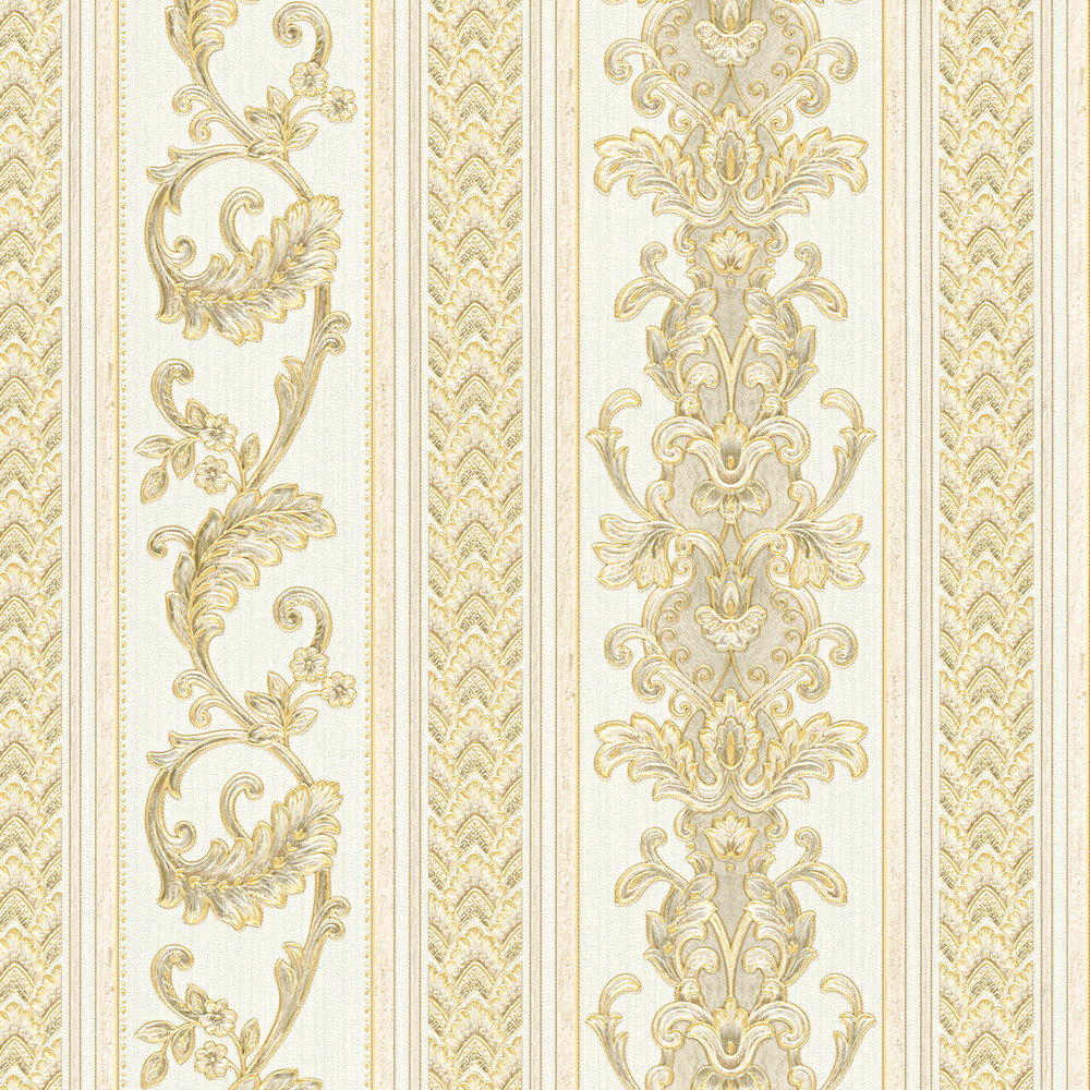 Barocke Streifentapete mit Ornamentmuster – Creme, Gold