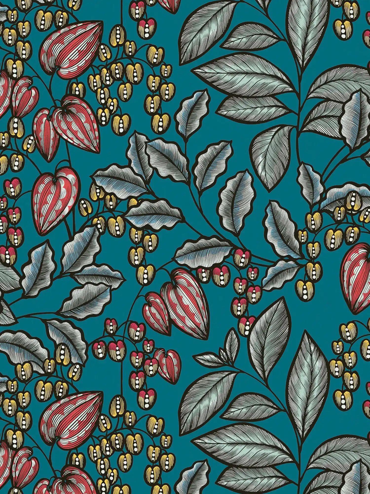         Florale Tapete Blätter & Blüten im modernen Kunststil – Blau, Gelb, Rot
    