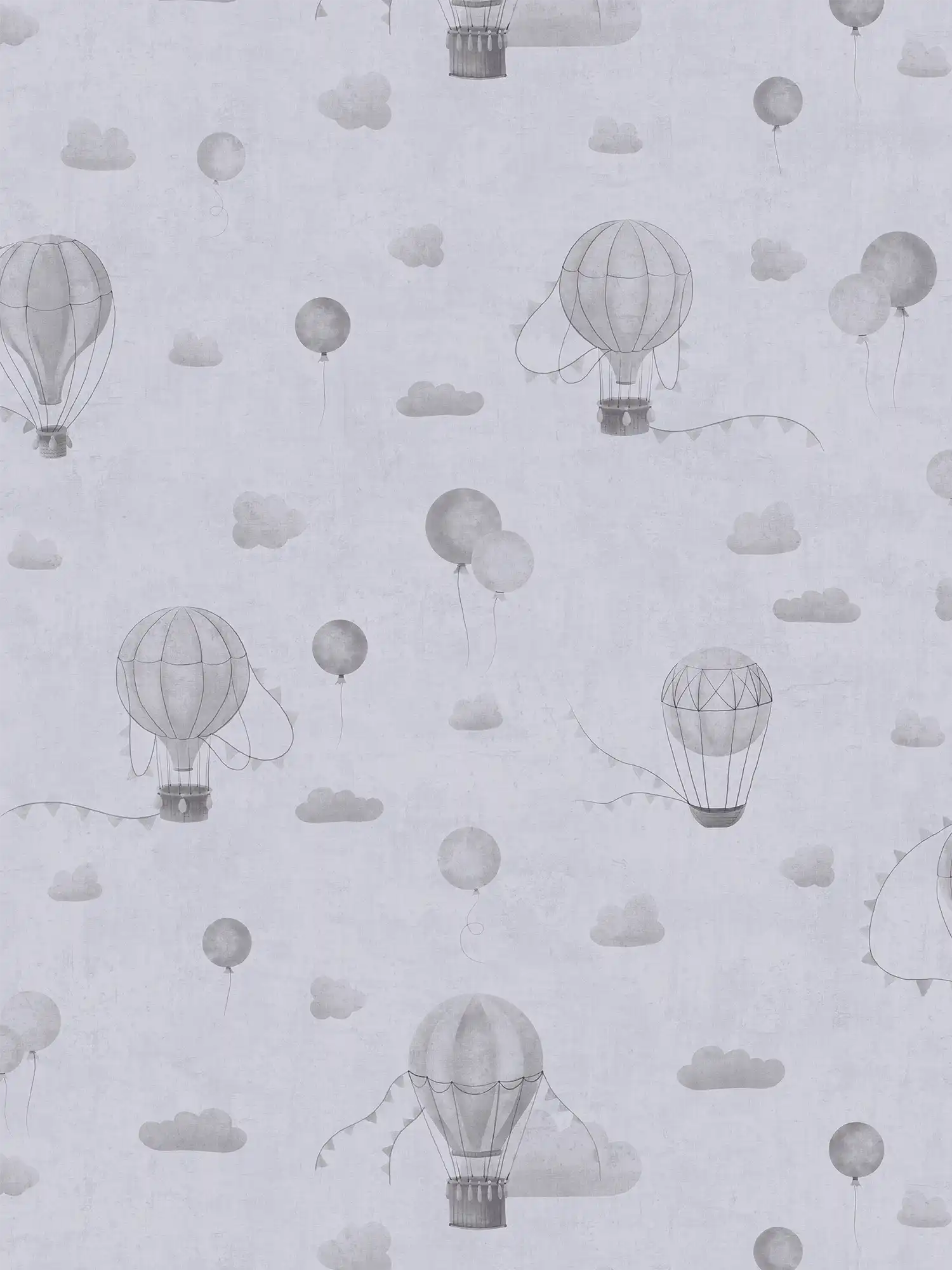         papier peint en papier intissé avec des ballons d'air chaud dans des tons pastels doux - décoration murale de rêve pour une chambre d'enfant - gris
    