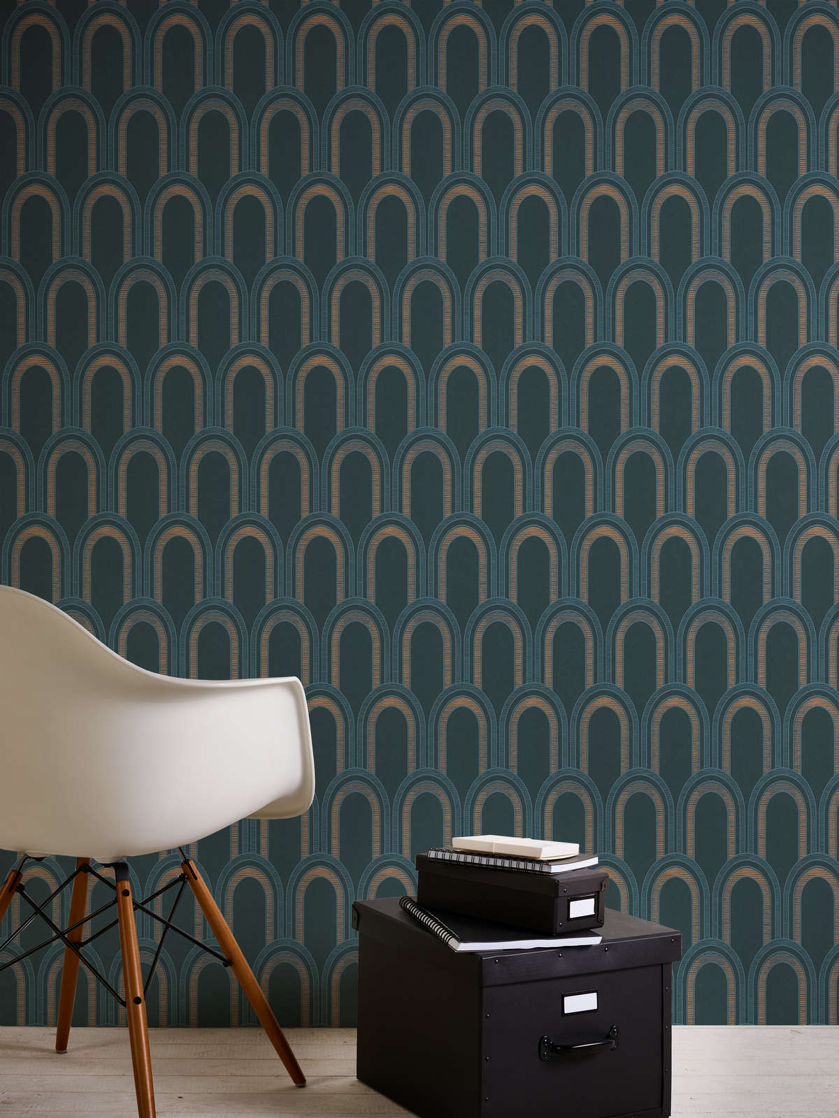 Tapete mit Bogenmuster und Glanzeffekt – Petrol, Blau, Gold
