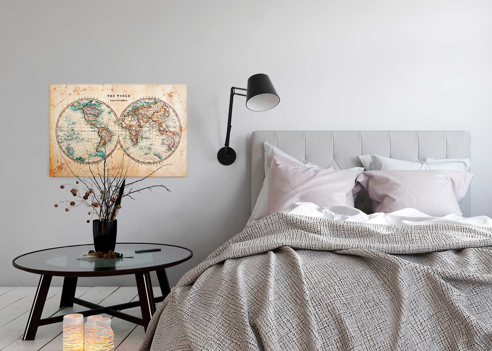 Leinwand mit Vintage Weltkarte in Hemisphären | braun, beige, blau – 0,90 m x 0,60 m