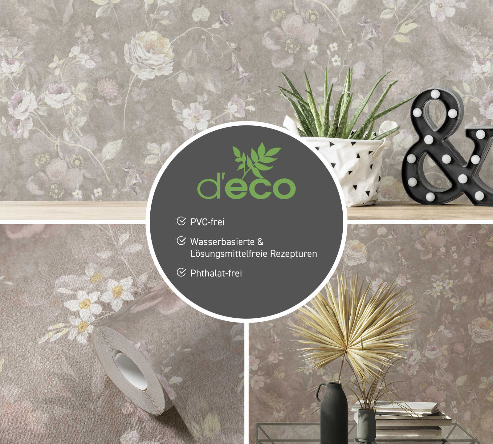             PVC-freie Vliestapete mit Blumenmuster – Braun, Bunt, orange
        