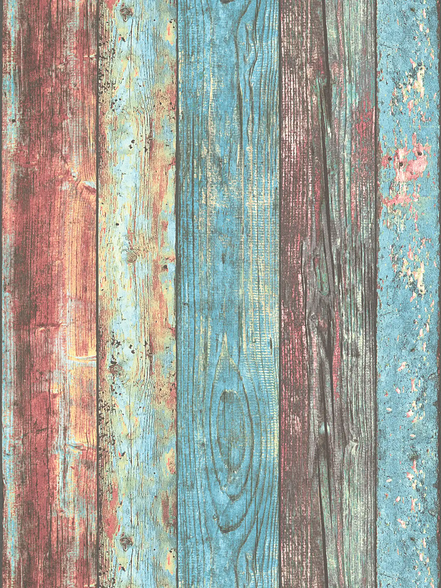         Papier peint bois coloré style shabby chic avec motif de planches - bleu, rouge, marron
    