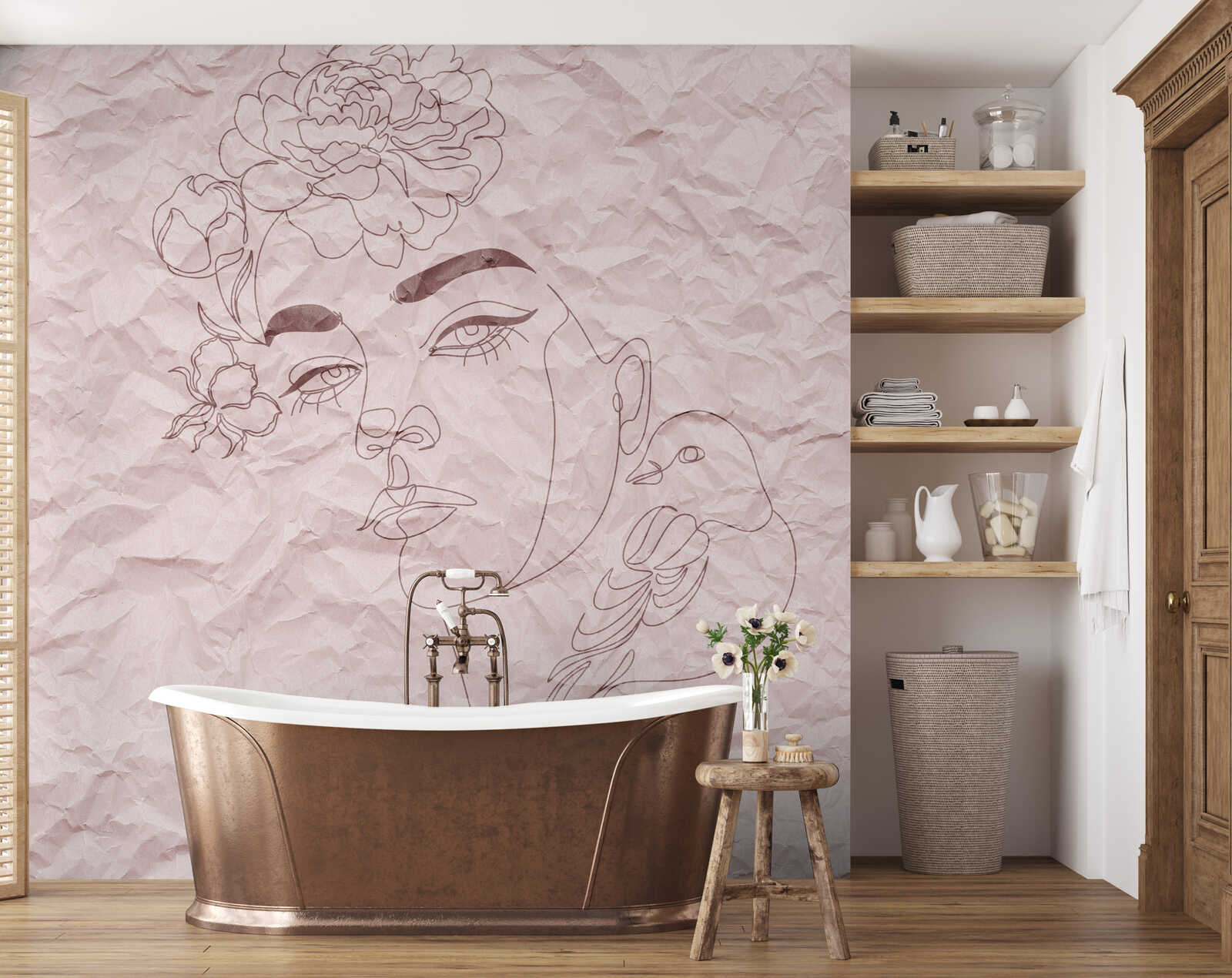freistehende badewanne, kupferfarbene badewanne, Wandtapete mit kunst, rosafarbene wand, duschbad zimmer