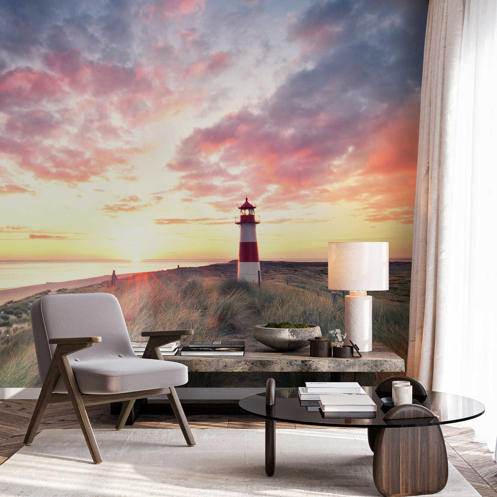         Romantisch vuurtoren fotobehang in de zonsondergang als vliesbehang - kleurrijk
    