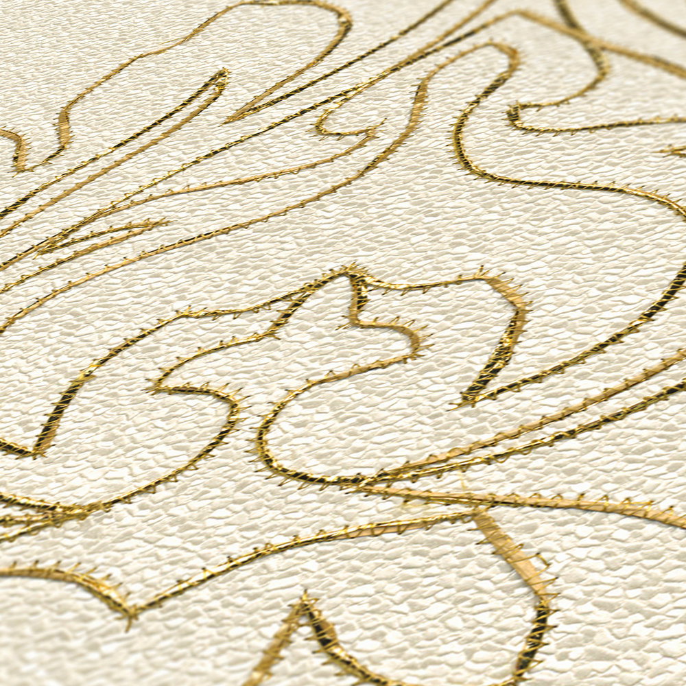 Elegantes Wandpanel mit starker Strunktur und goldener Stickerei in Ornament-Design – Creme, Gold