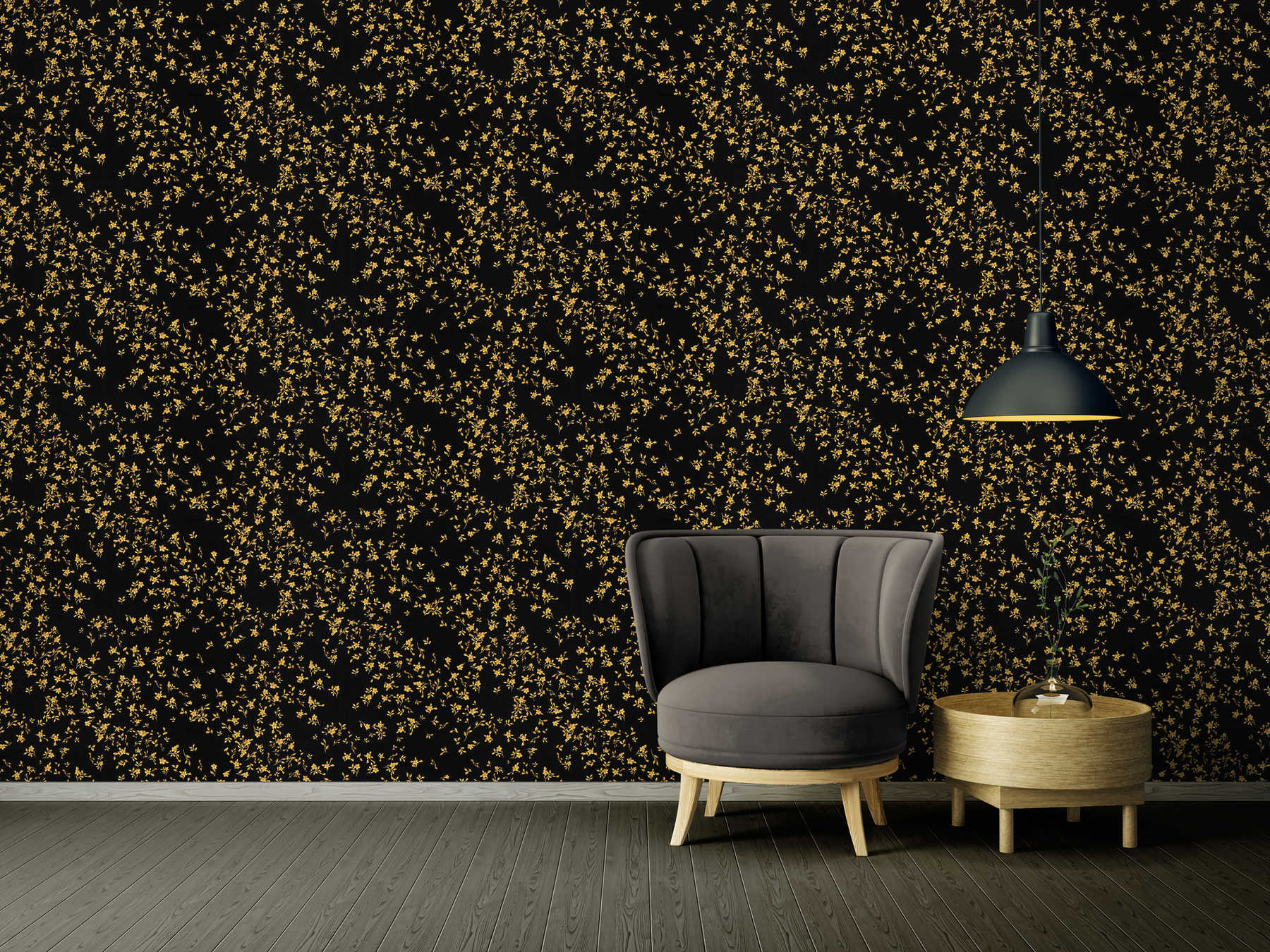             Schwarze VERSACE Tapete im Blümchen Design – Schwarz, Gold
        