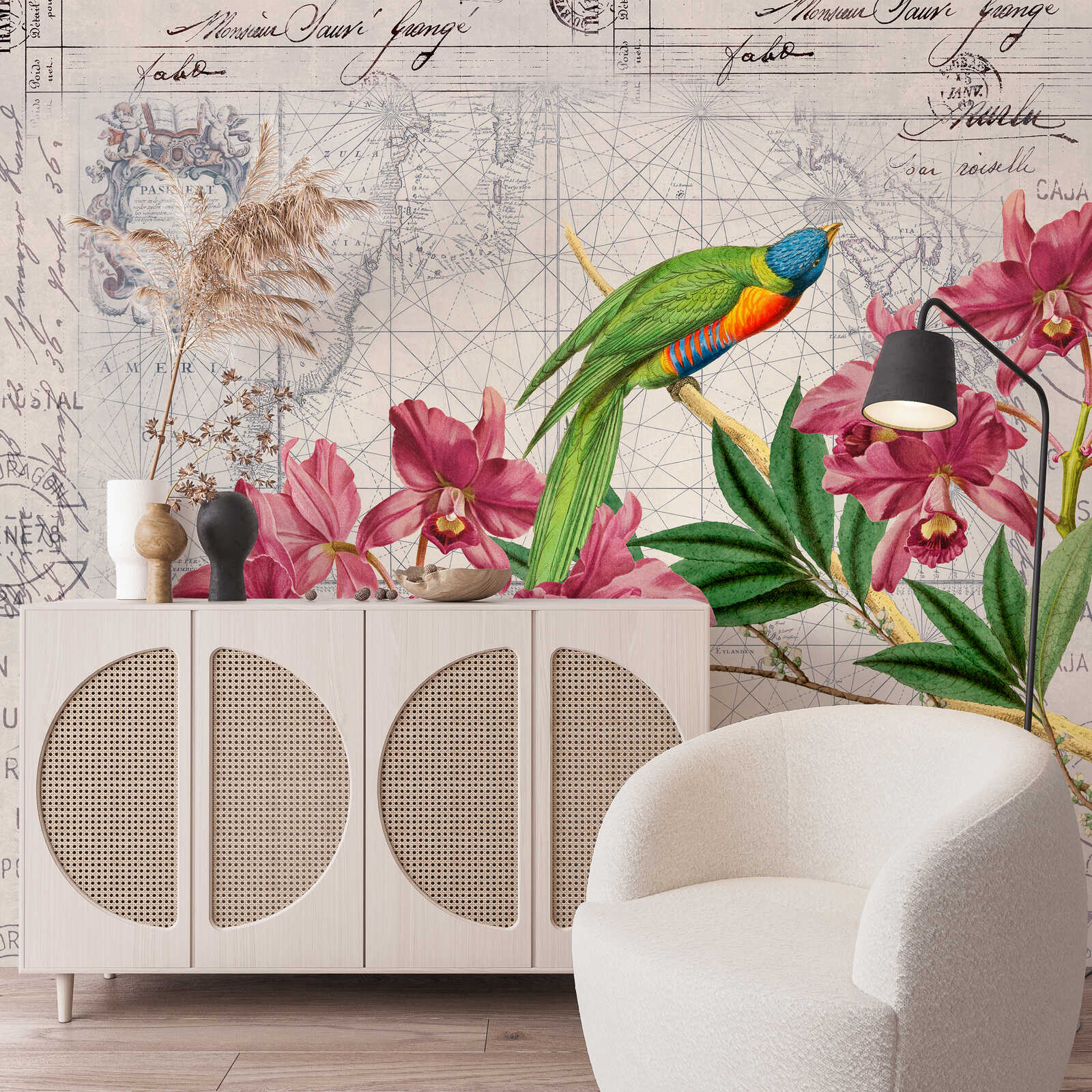 parrot, blumenwand, wanddekor, kommodyen, sesel