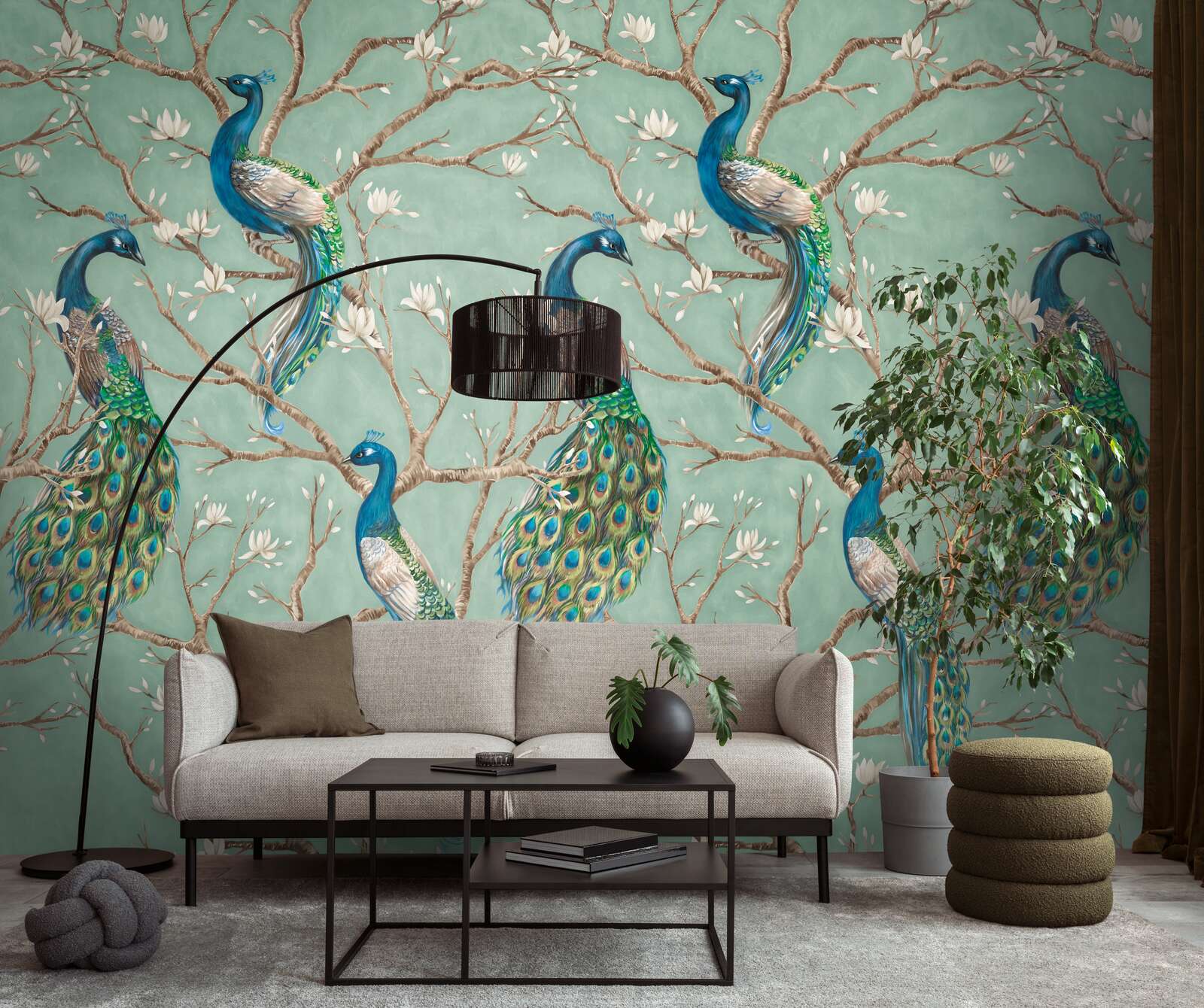 Design non-woven wallpaper with beautiful peacocks on flowering branches in asian style matt & smooth