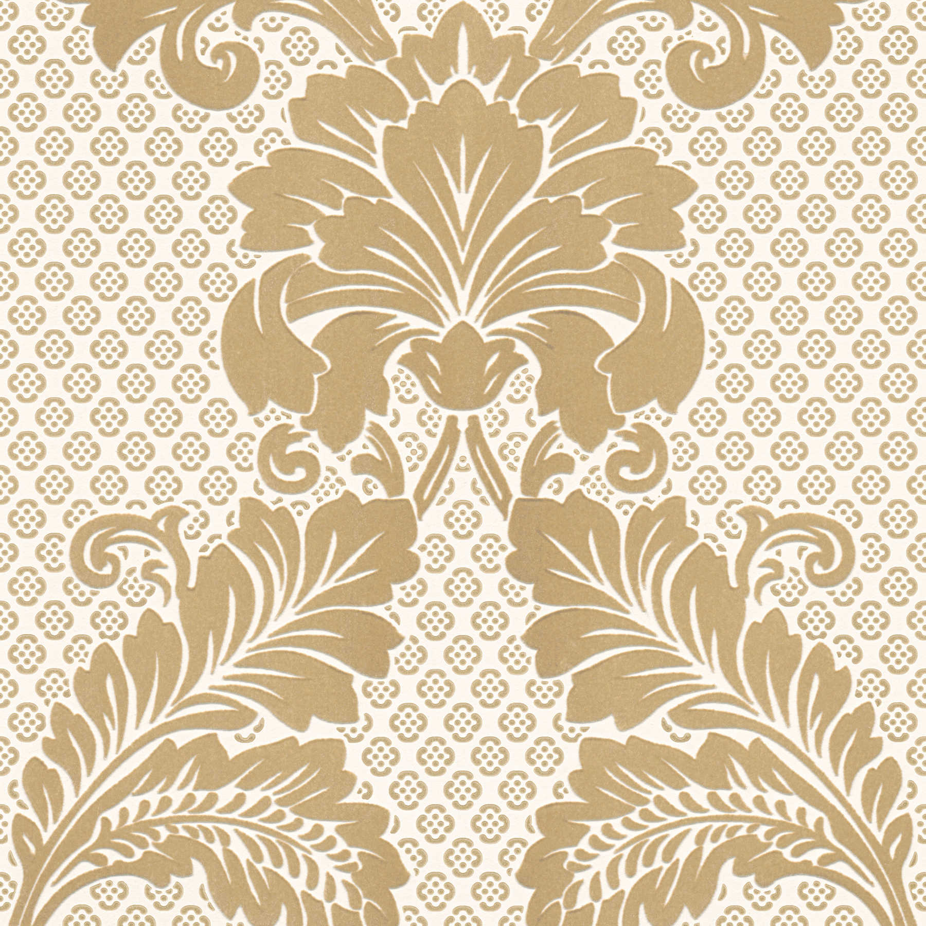 Ornament-Tapete mit samtweichem Flock und schimmernder Goldoptik – Creme, Gold