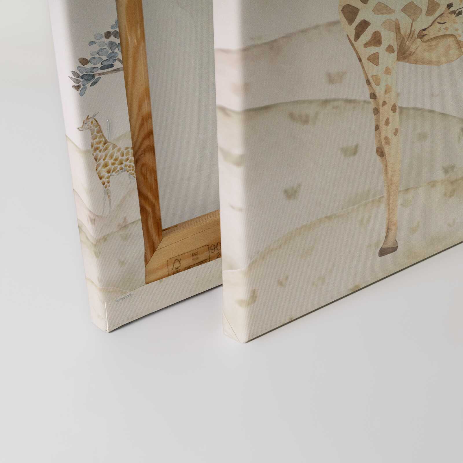 Canvas picture Giraffes in the savannah - Stylish Africa motif for children's rooms or living rooms - 30 x 40 cm - Beige, Blue