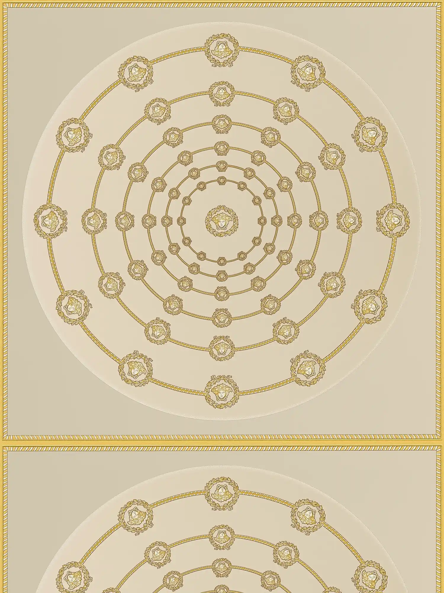         VERSACE Vliestapete mit dekorativen Medusa-Kreisornamenten leicht glänzend leicht strukturiert – Beige, Grau, Gold
    