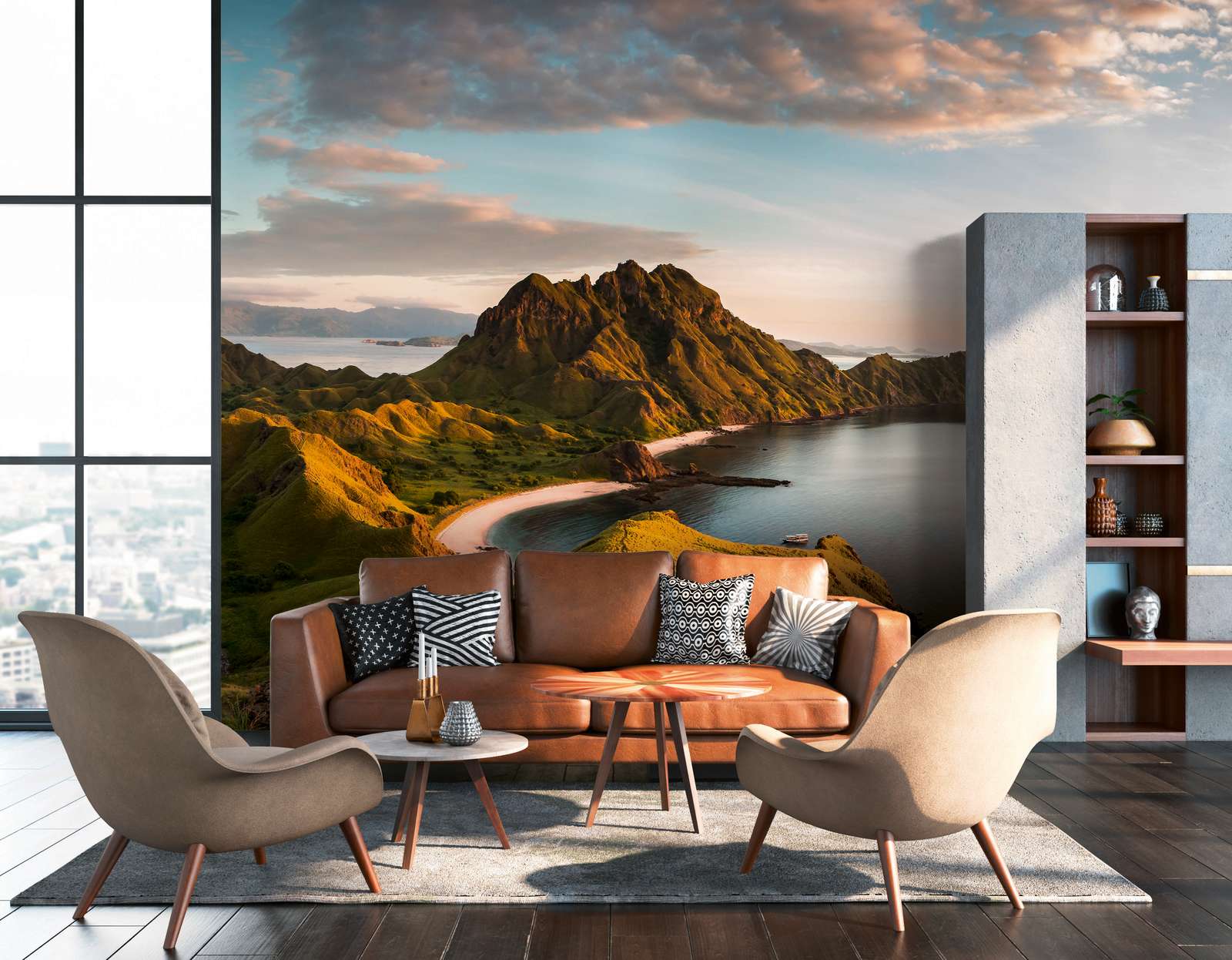             Fototapete mit Bergen und blauem Himmel am Wasser – Grün, Blau
        