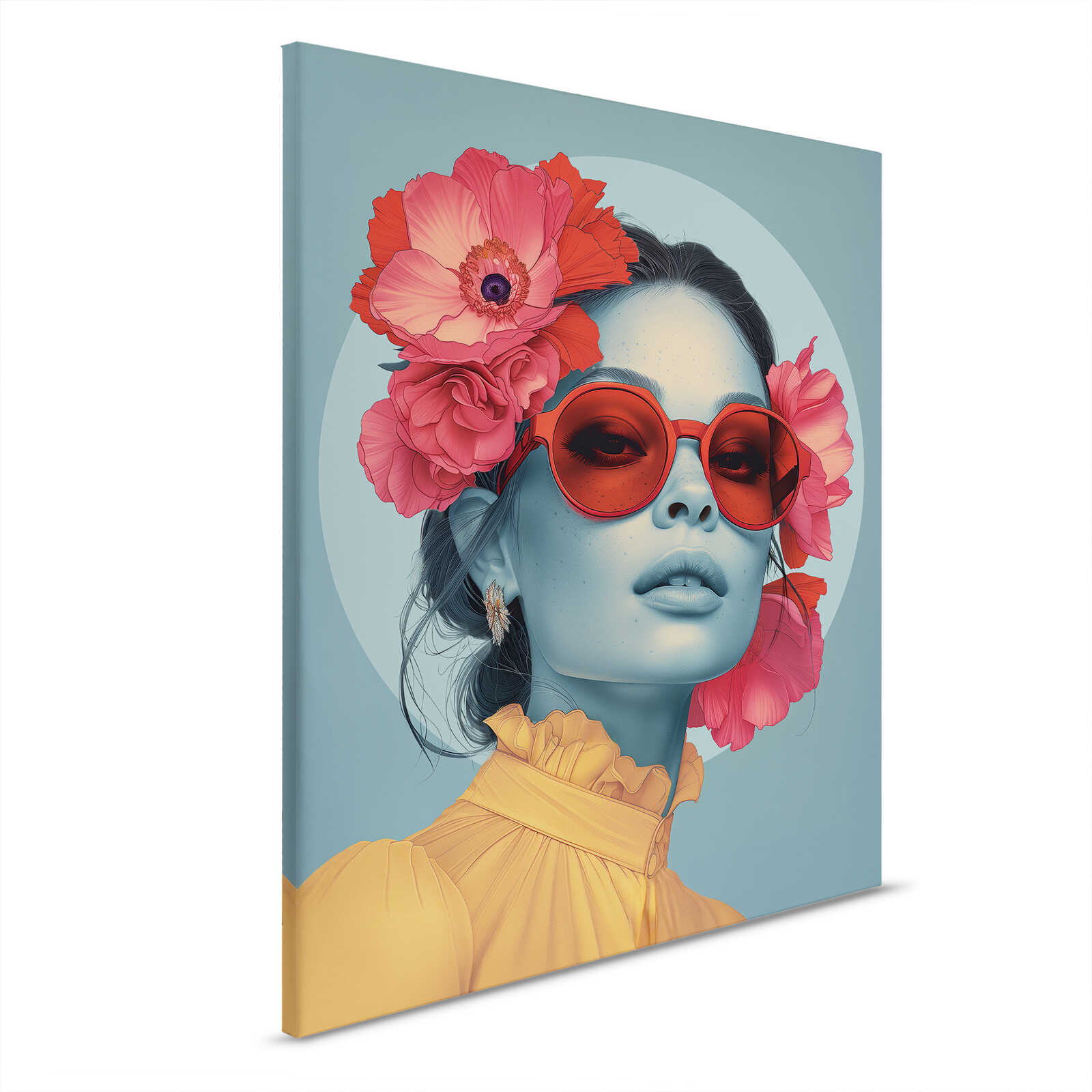         Portrait Blumenschönheit in Rot - Modernes Leinwandbild mit floralem Kopfschmuck – 40 x 50 cm - Blau, Grau
    