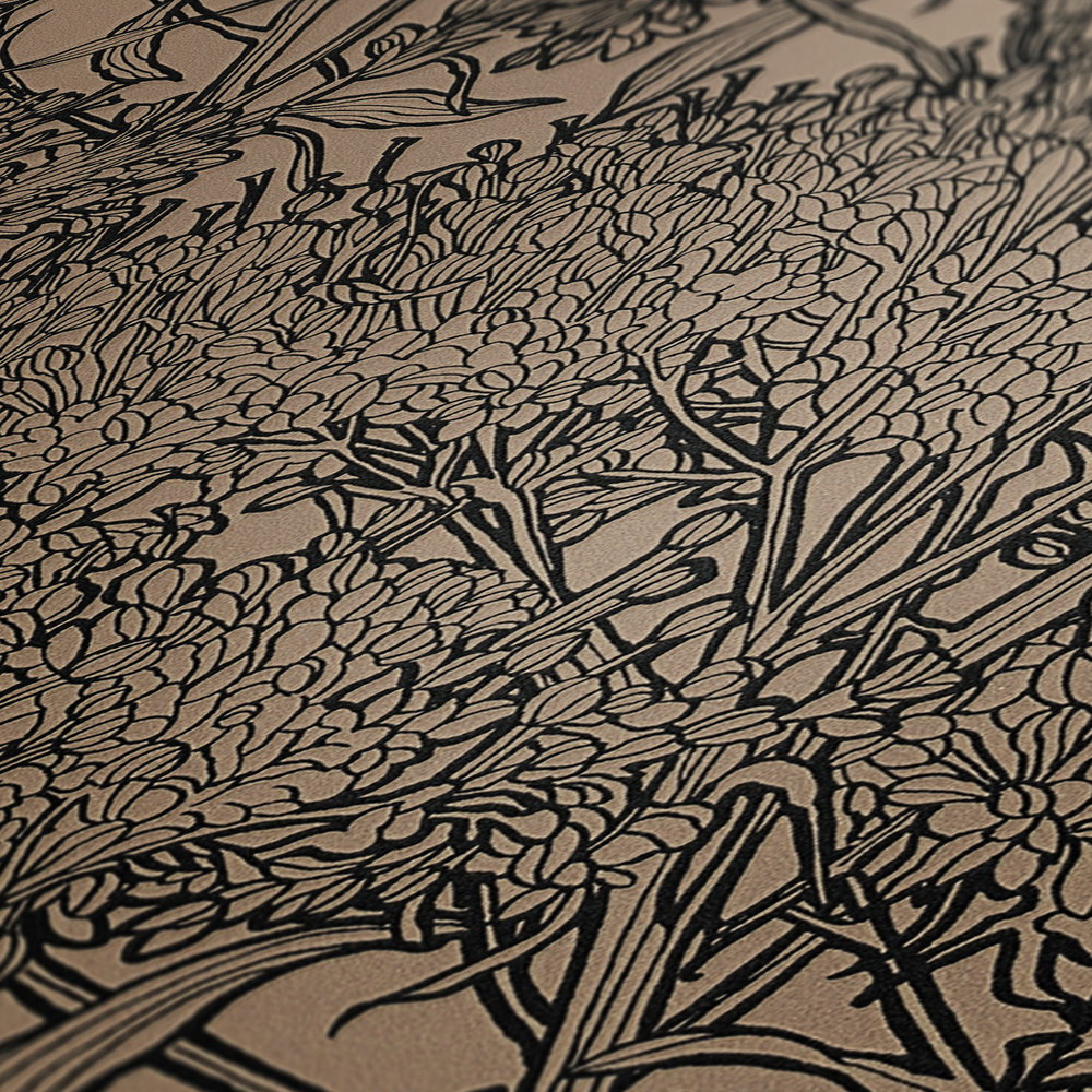             Blumentapete in Beige mit schwarzen Konturen – Braun, Grau, Beige
        