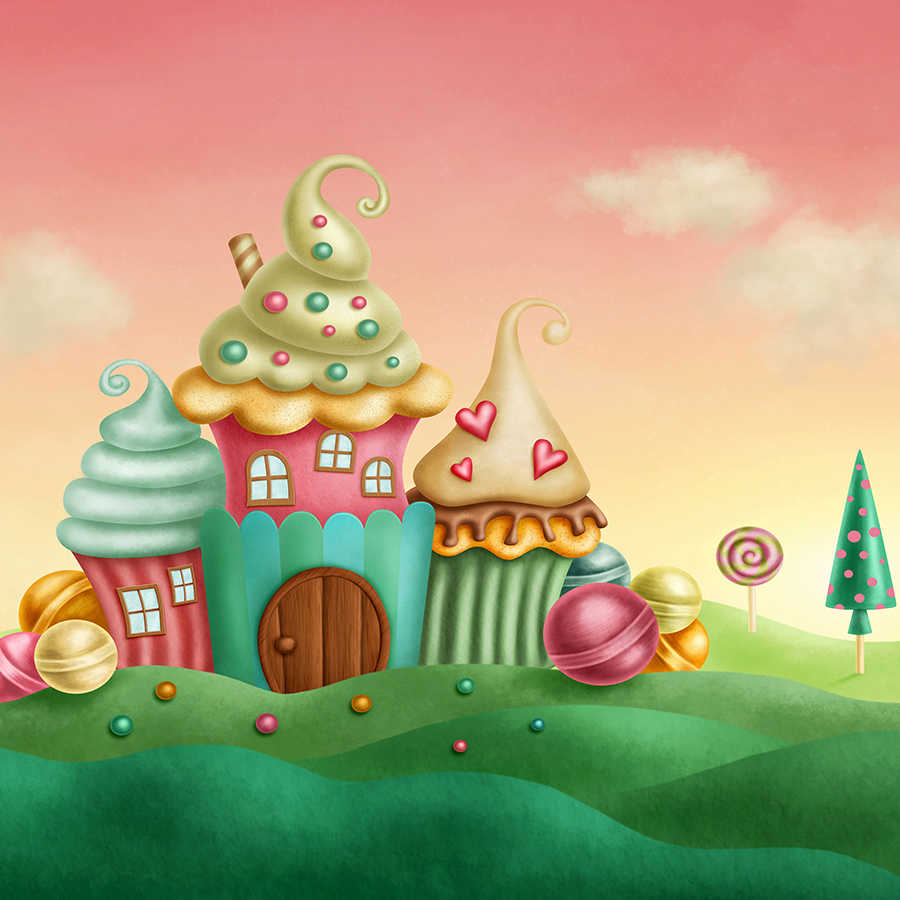 Zuckerdorf, Cupcake-Häuser, Kuchenlandschaft, Pastellfarben, Marshmallow-Tür-Tür