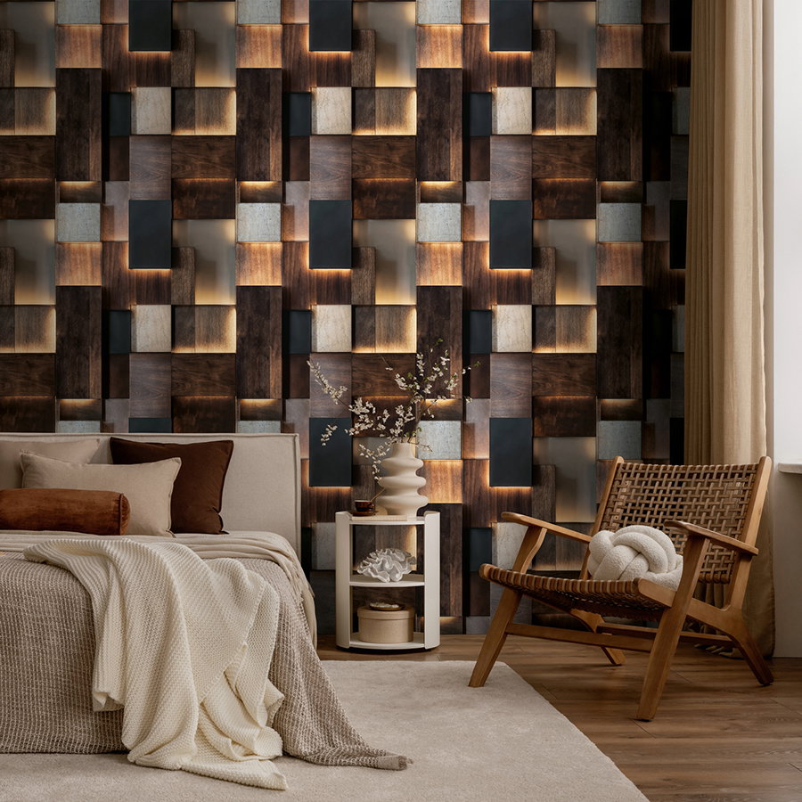 Moderne Vliestapete mit geometrischem 3D Holzdesign und Lichtakzenten matt & glatt - Braun