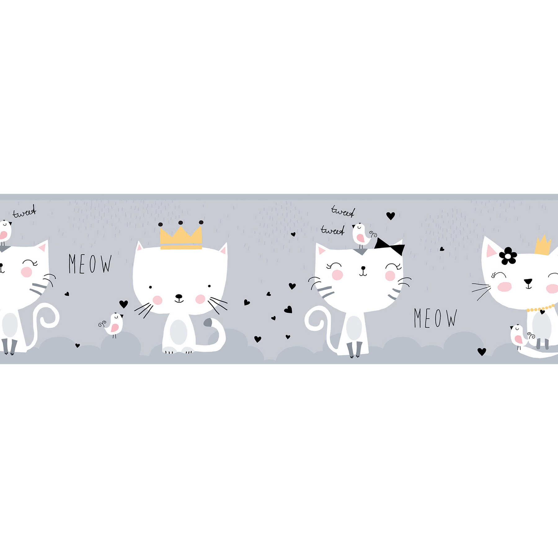         Cats border for girls room "Royal cats" - grey, yellow, pink
    