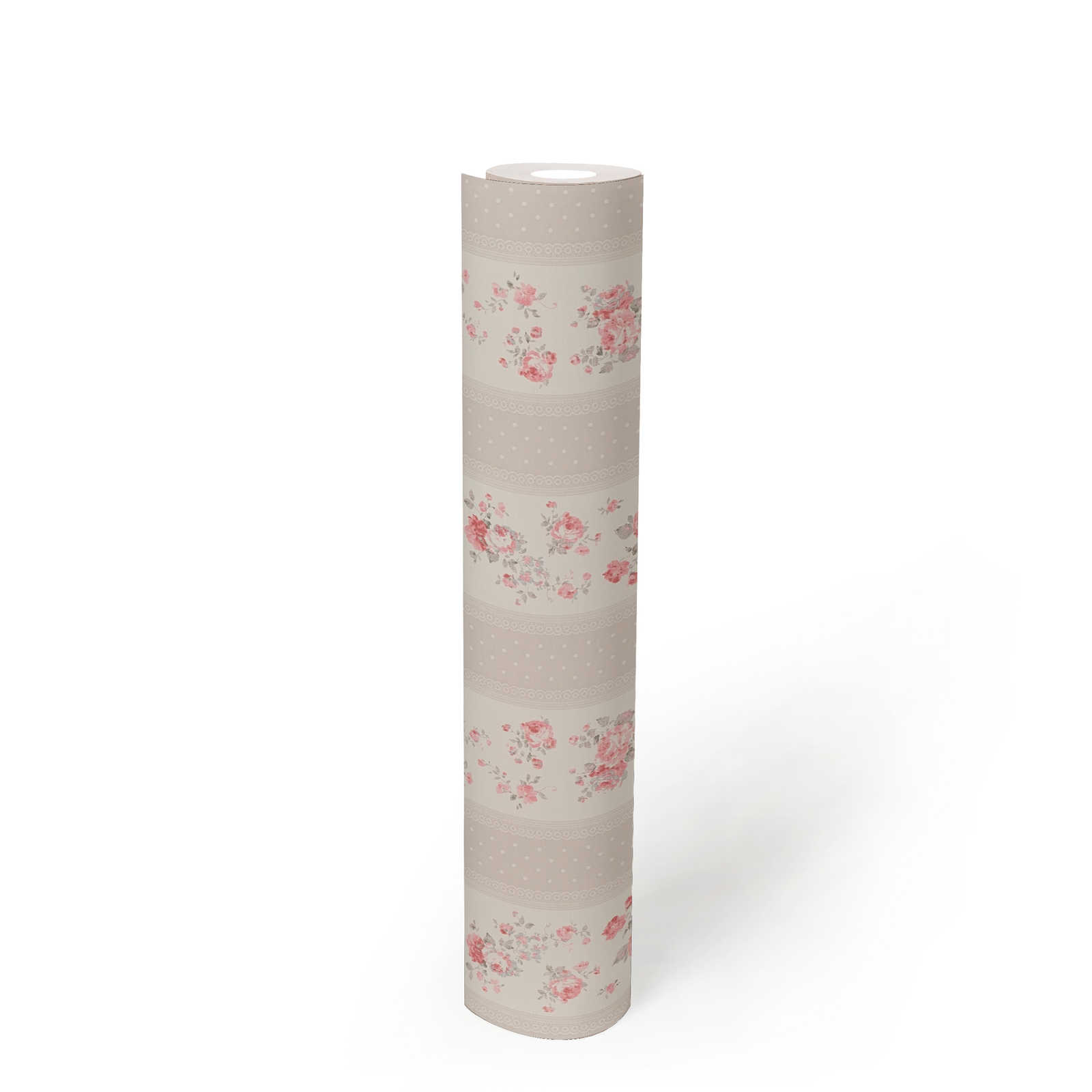 Tapete im Shabby Chic Stil mit floralen und gepunkteten Streifen – Greige, Weiß, Rot