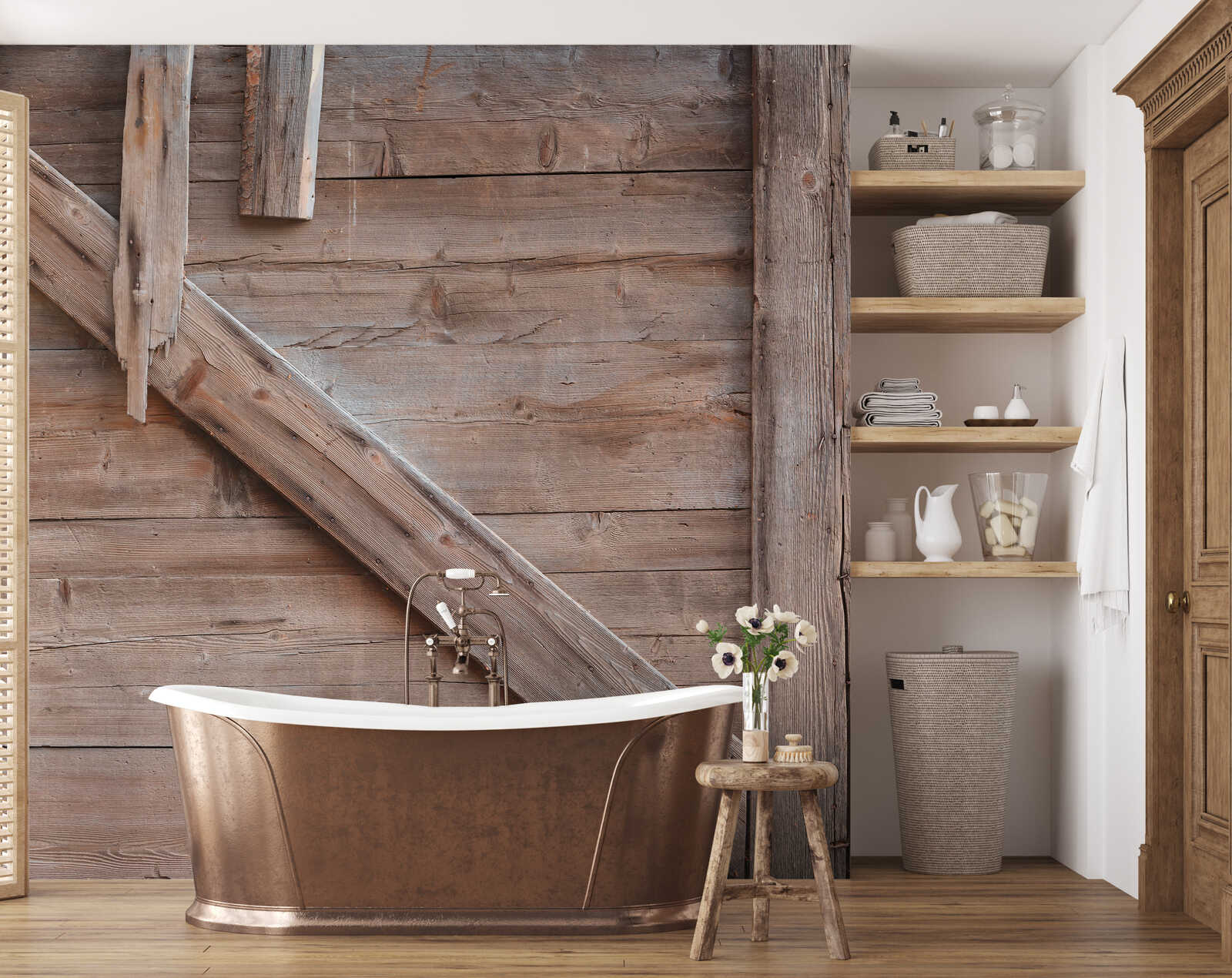 freistehendeBadewanne, Kupferbadewanne, Holzverkleidung, Holzregal, Badezimmer-Dekor