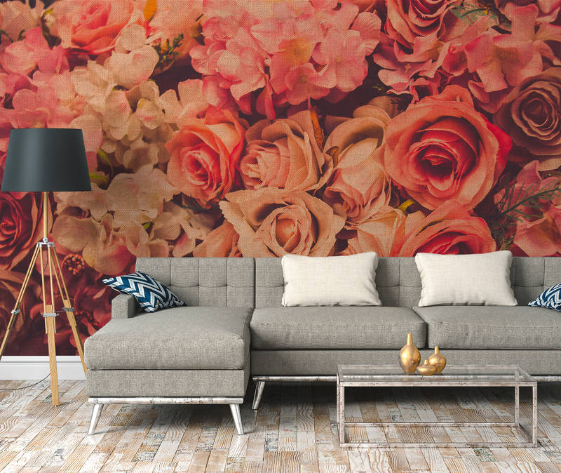             Romantisches Rosenmotiv in Leinenoptik – Rosa, Grün
        