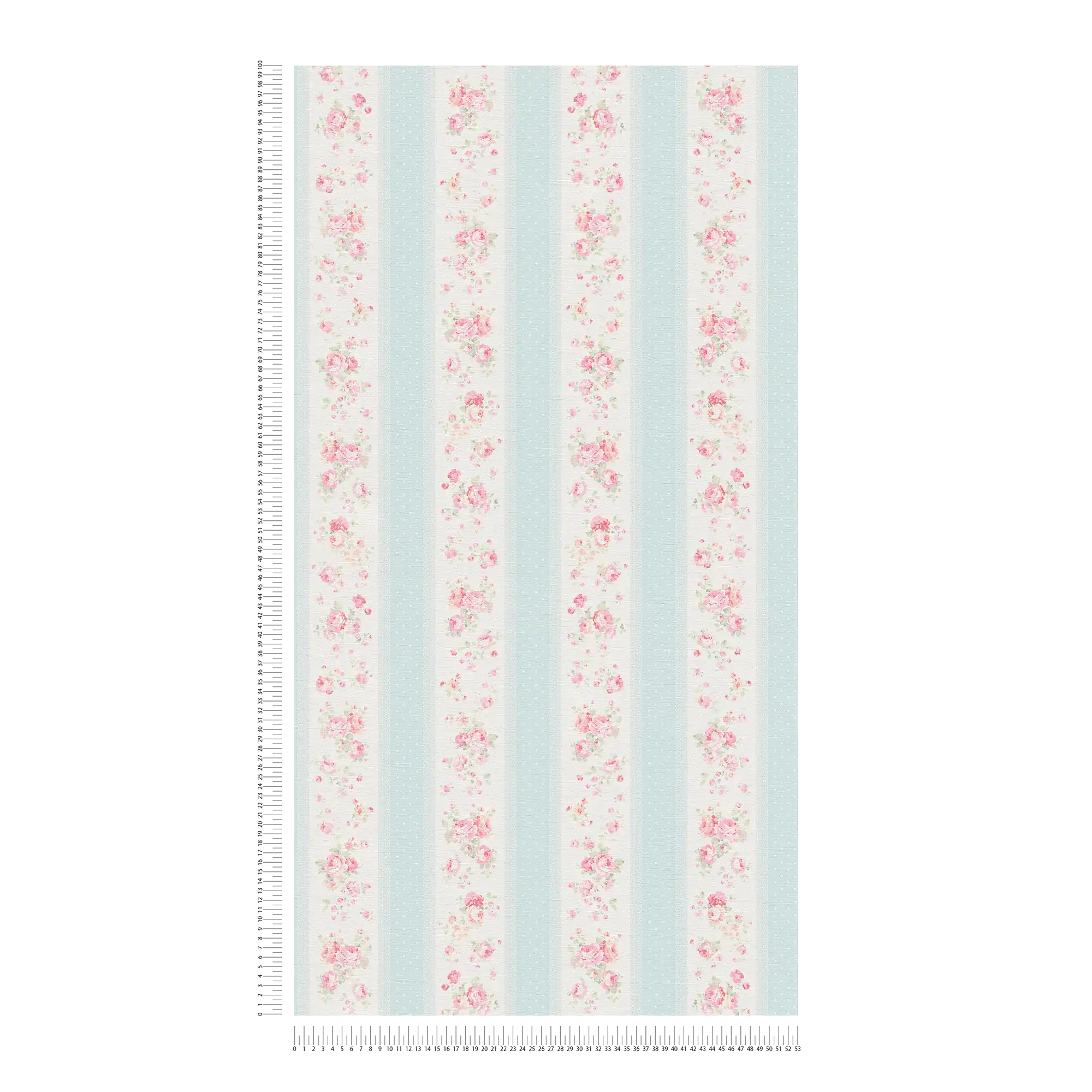 Vliestapete mit Streifen, Blumen und Punkten – Blau, Weiß, Rosa