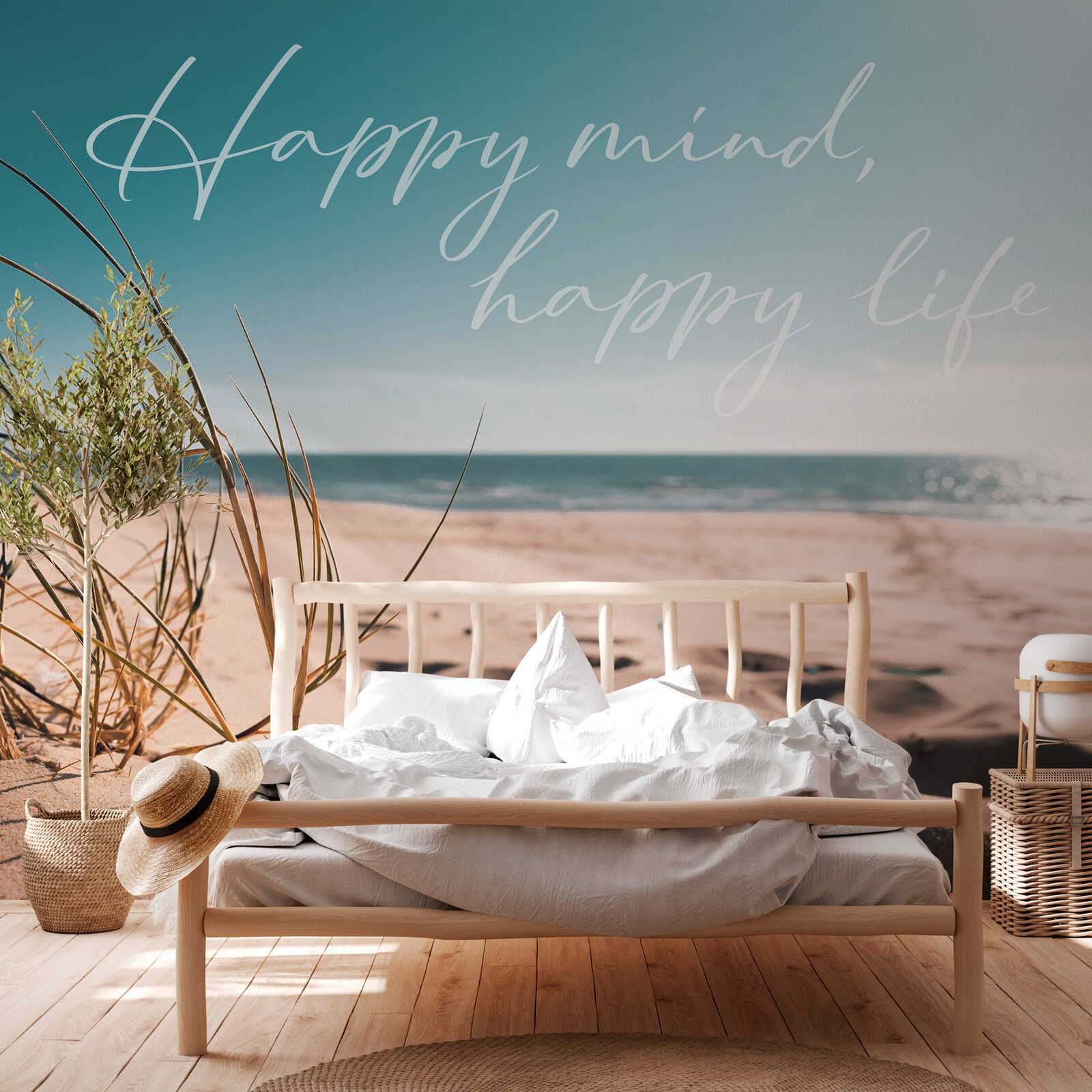         Fototapete 'Happy mind, happy life' - Motivierende Vliestapete mit Strandkulisse für eine beruhigende Atmosphäre – Bunt
    