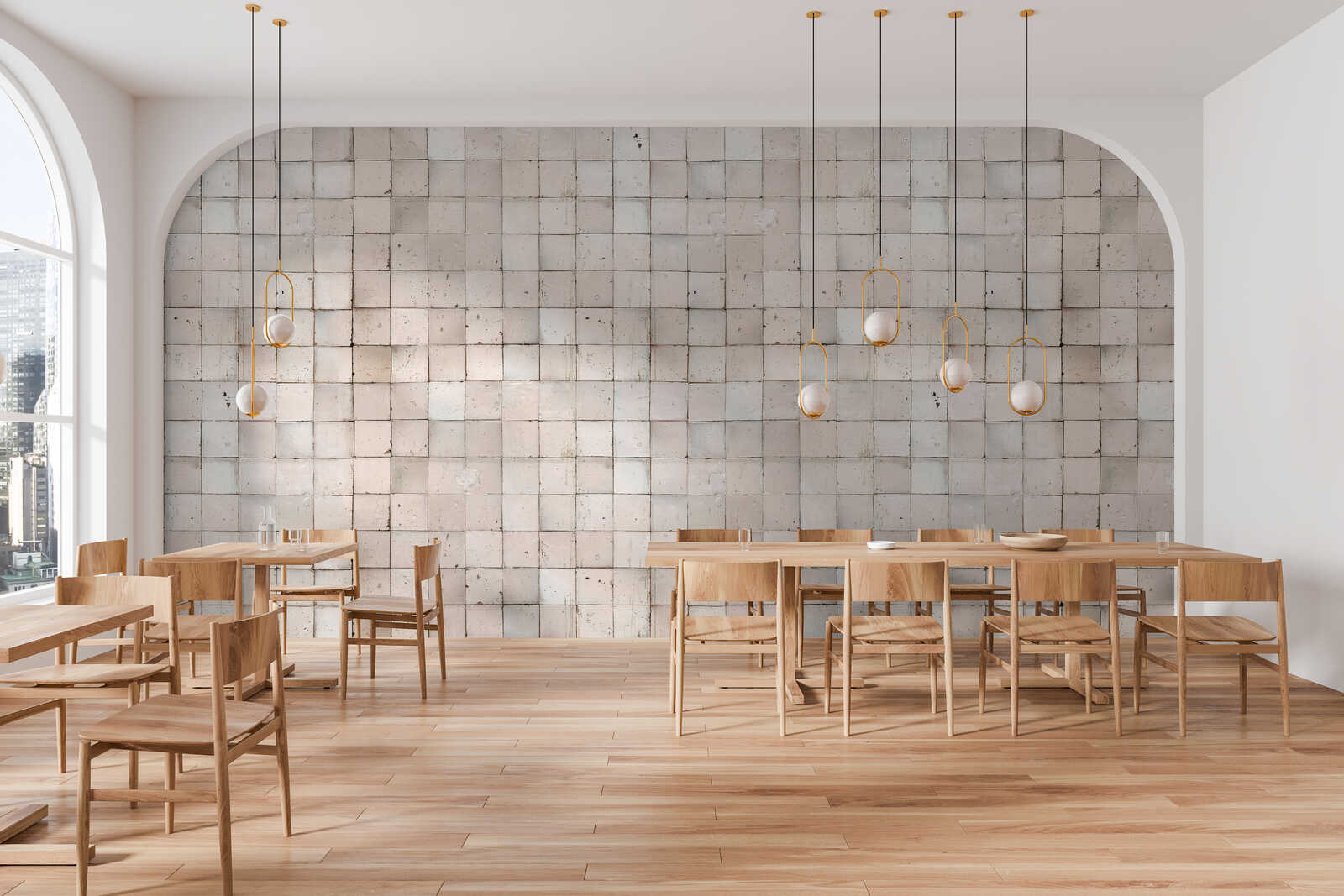 restaurant, innenraum, beleuchtung, holzmöbel, fliesenwand