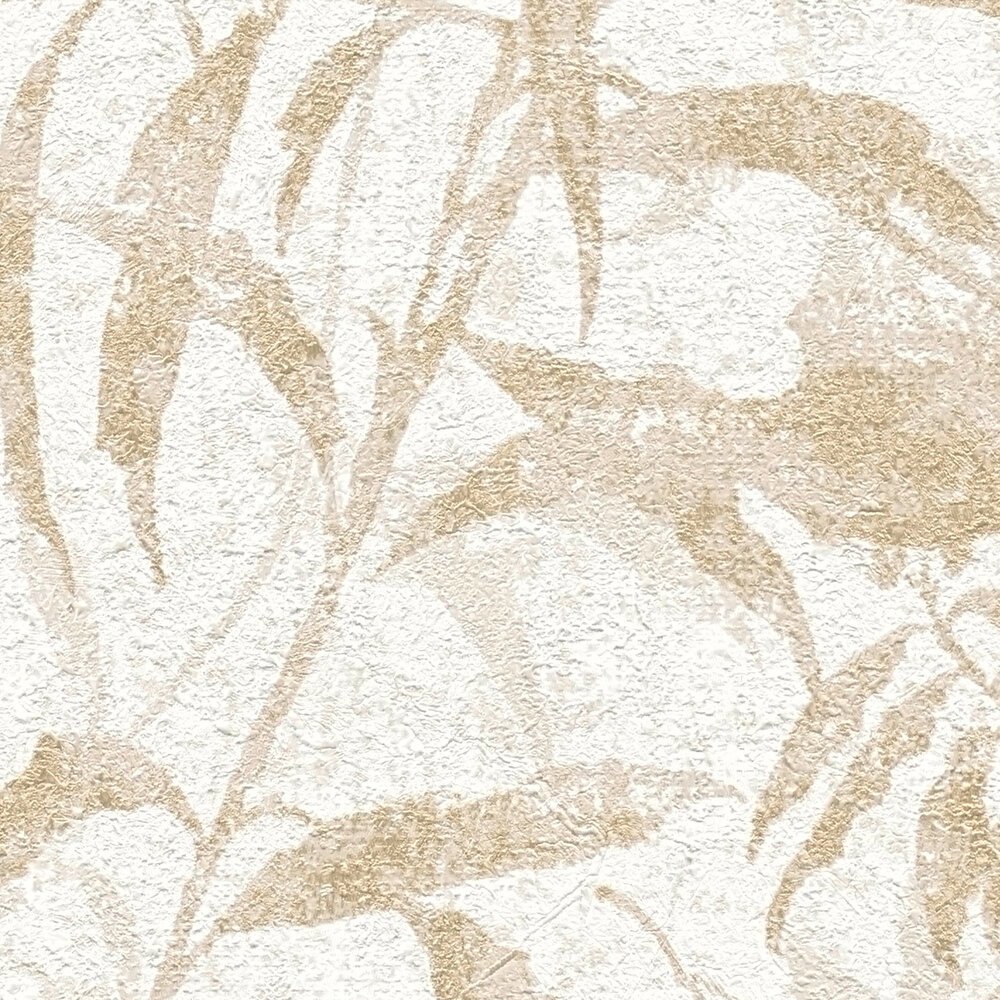 Vliestapete mit modernem Blättermuster und dezenter Oberflächenstruktur – Creme, Beige, Metallic