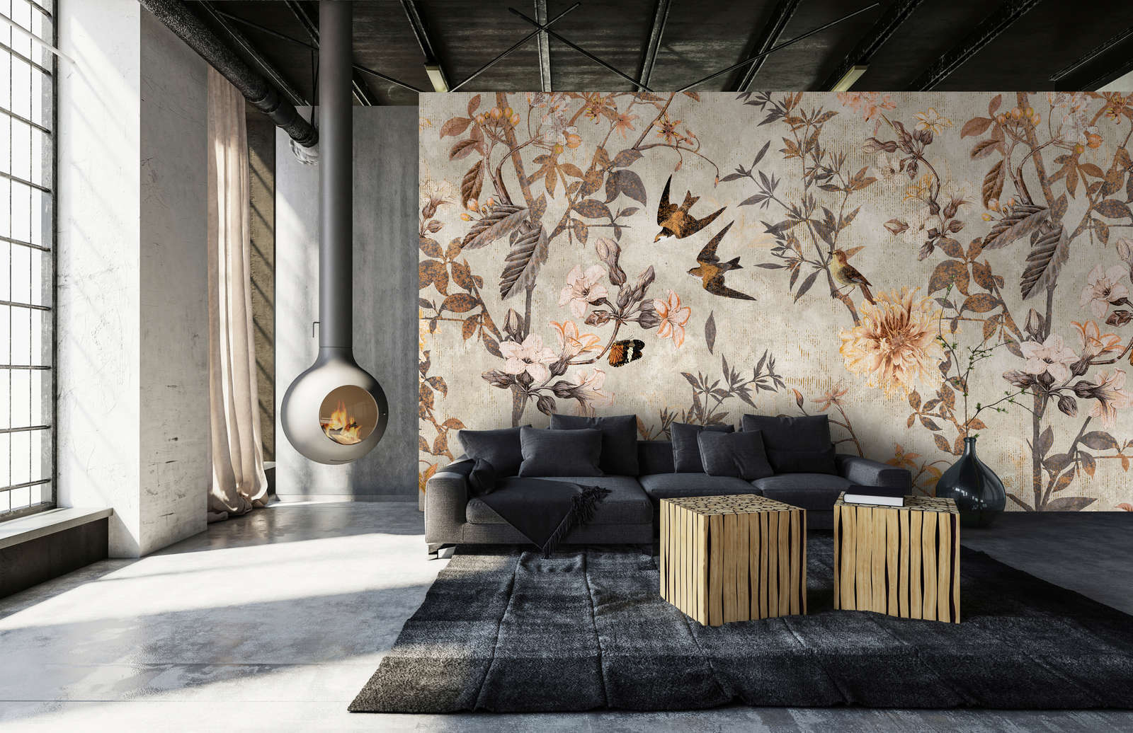 Sofa, Wohnzimmer, Wandtapete, Kamin, Couchtische