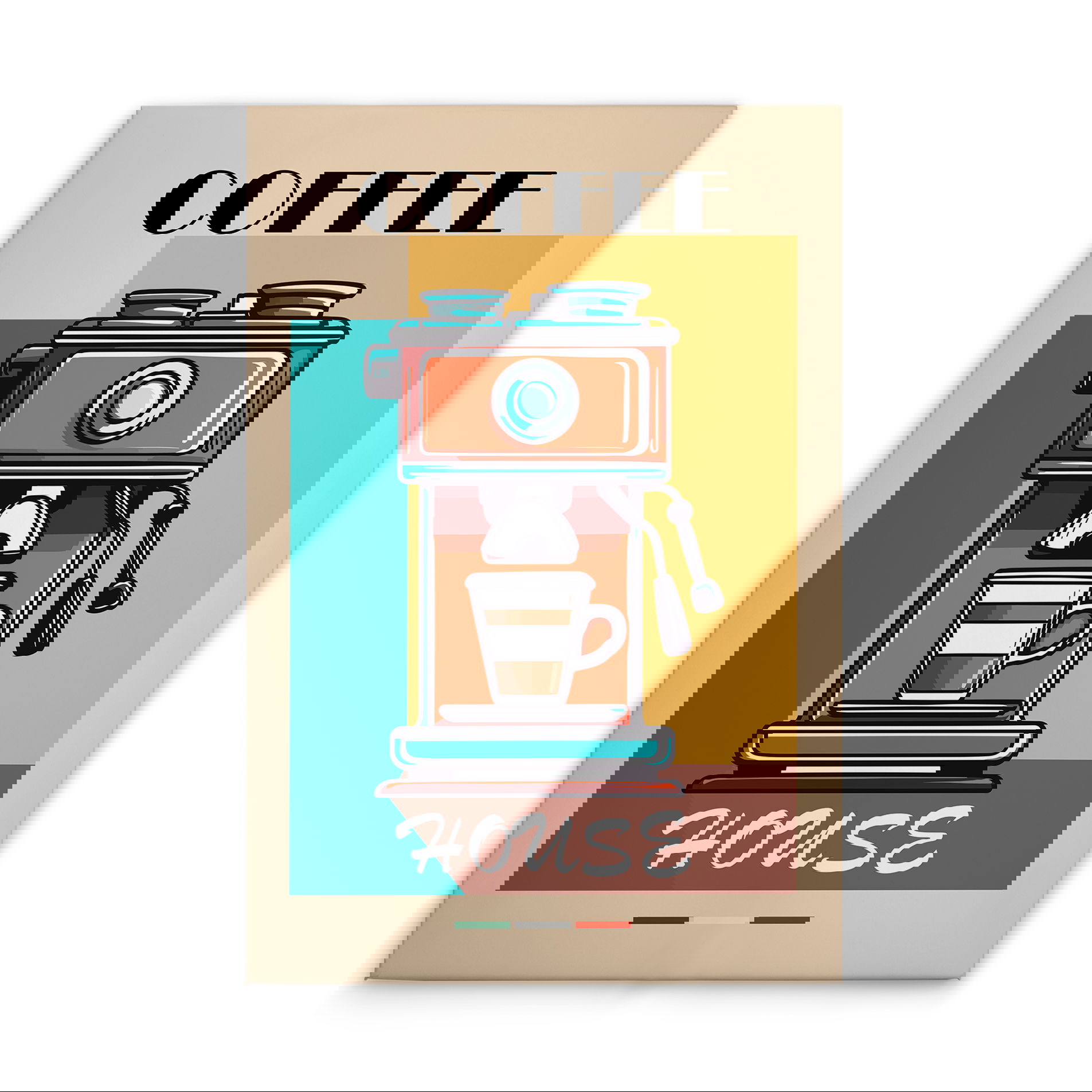             Leinwandbild Coffee House - Retro Kaffeemaschinen Kunstwerk – 30 x 45 cm - Bunt, Beige
        