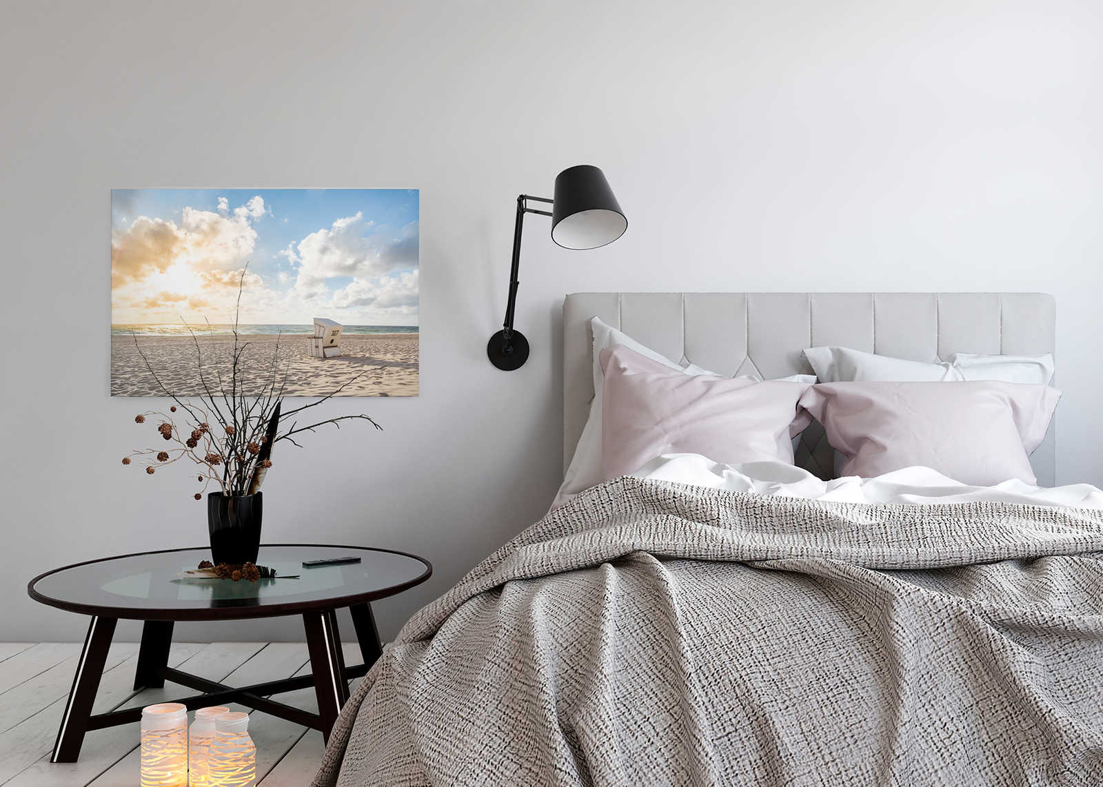             Leinwand mit Strandkorb bei Sonnenaufgang – 0,90 m x 0,60 m
        
