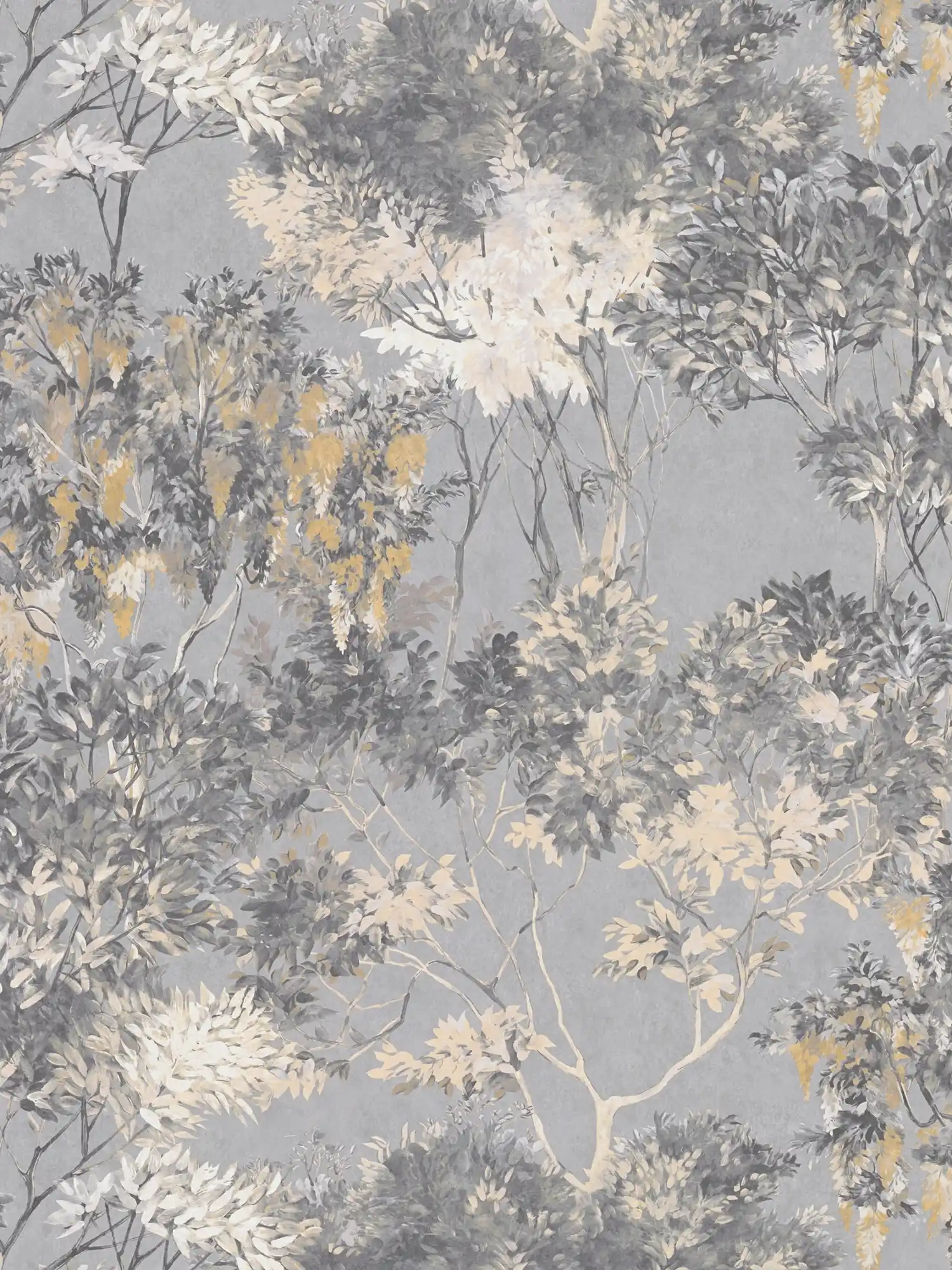         Dschungeltapete mit Bäumen – Grau, Weiß, Beige
    