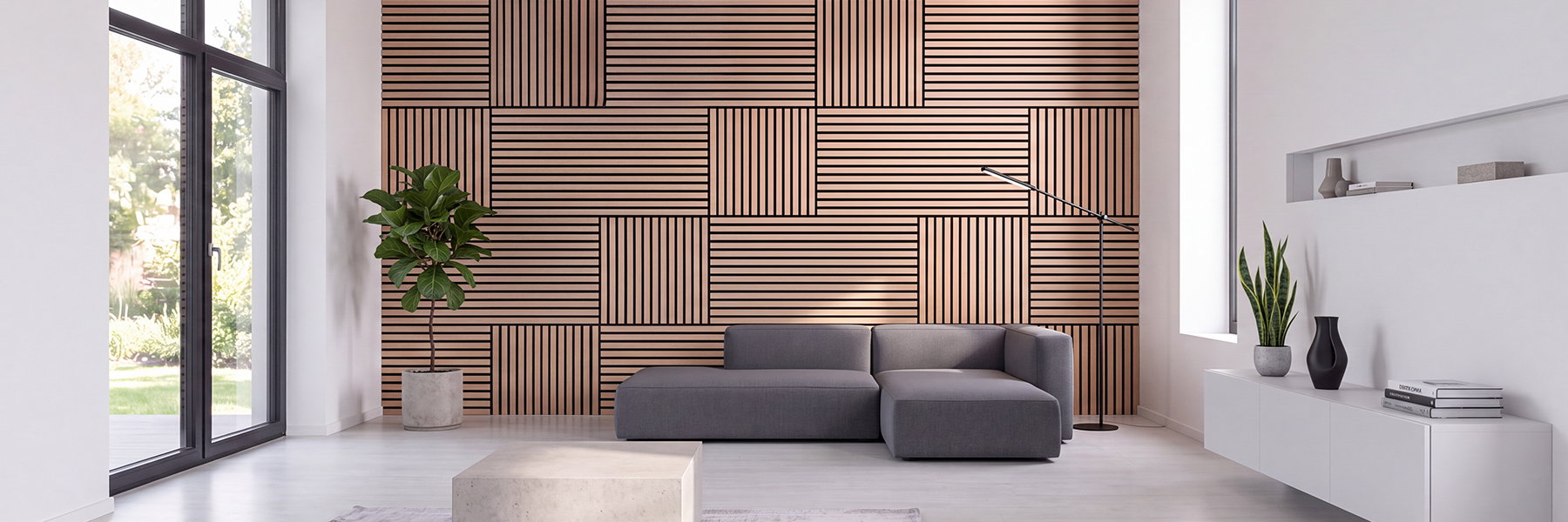 wohnzimmer, sofa, holzverkleidung, pflanze, tischlampen