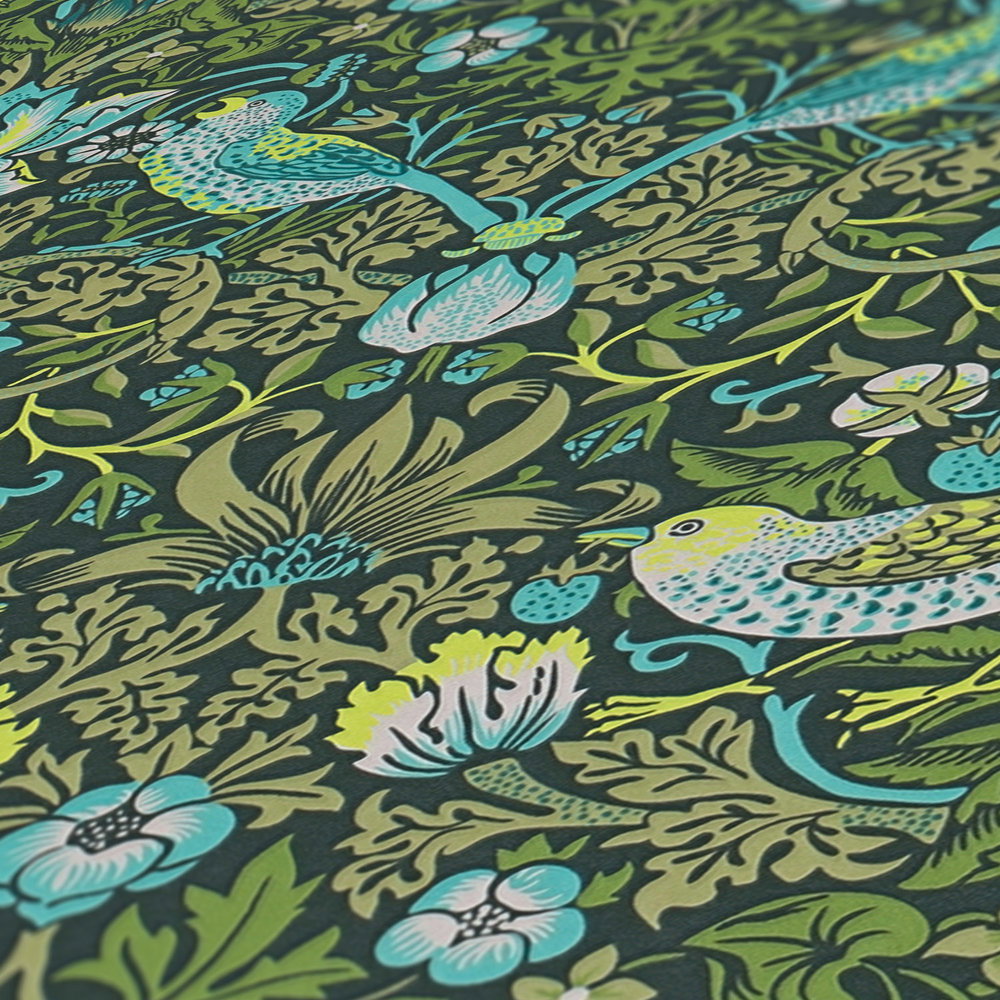 Vliestapete Blumenmuster mit Vögel – Grün, Blau, Schwarz