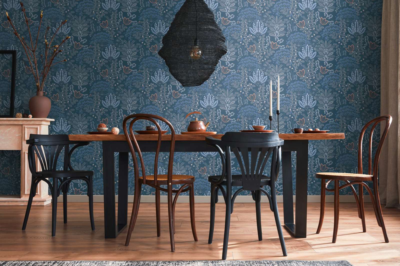 Vliestapete floral mit Blättern im Retro-Look leicht strukturiert, matt – Blau, Weiß, Grau