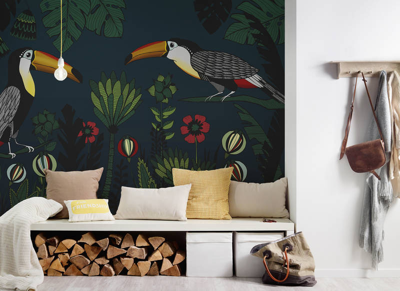 wandtapete, tropischer prints, vogelszier, nachtblau, holzstapel