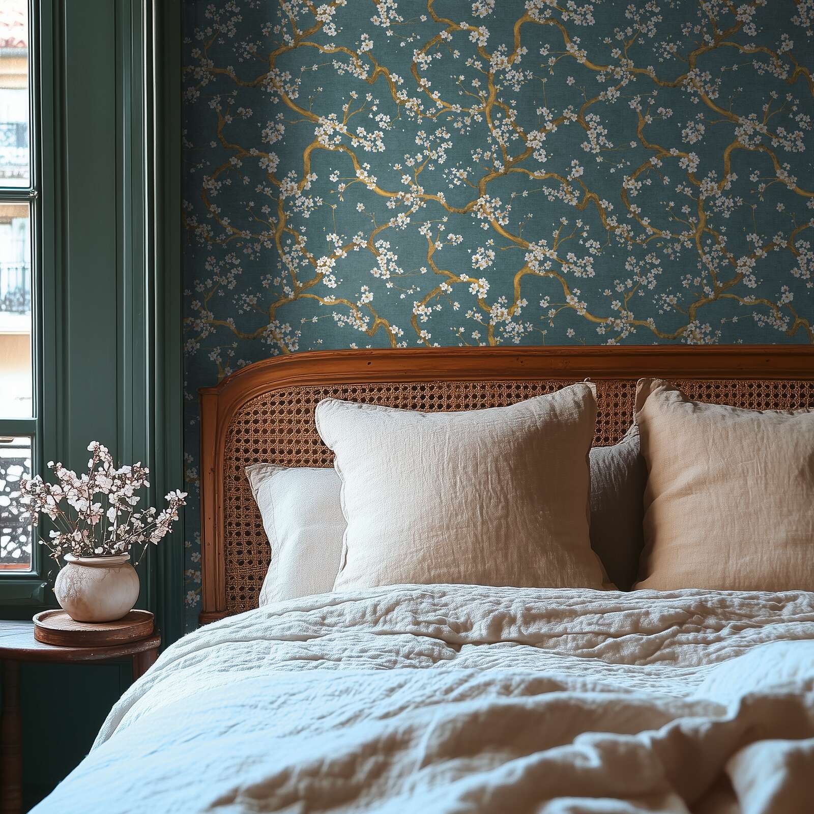 Elegante Vliestapete mit Kirschblütenmotiv, feiner Struktur – Blau, Gold, Creme