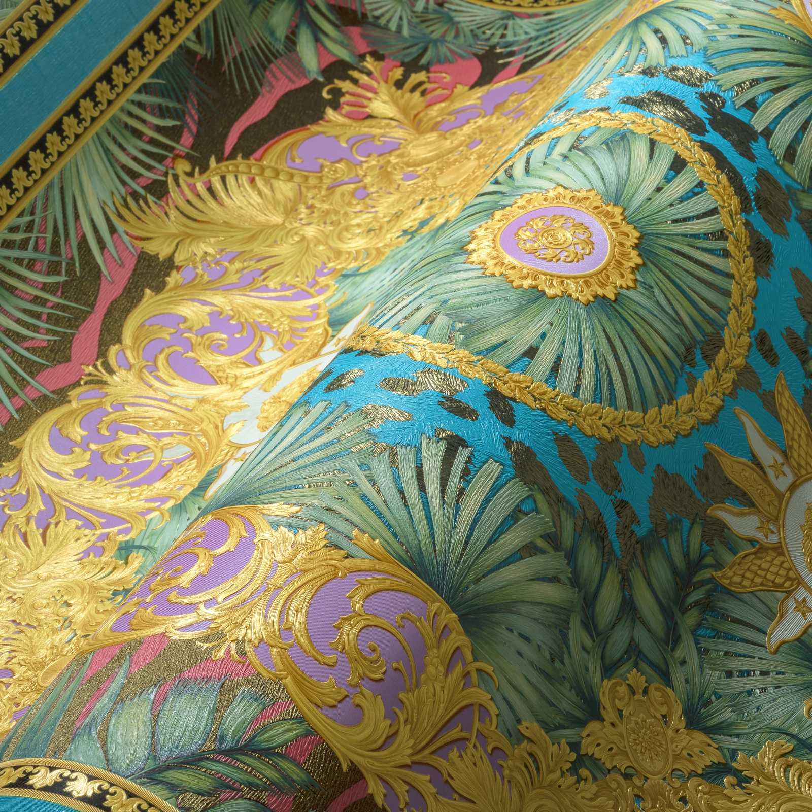 Colourful VERSACE wallpaper • gold ornament and jungle motif