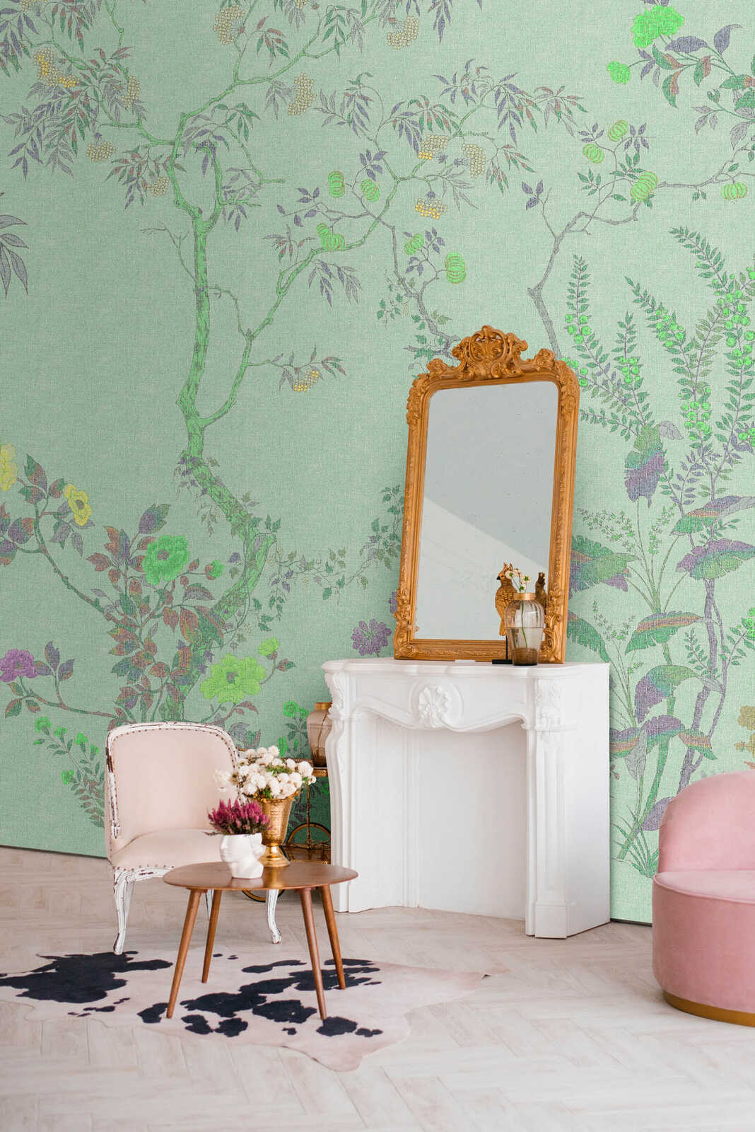         mira2 - Fototapete Feine Illustration von Bäumen und Pflanzen in Textiloptik – Grün | Premium Glattvlies
    