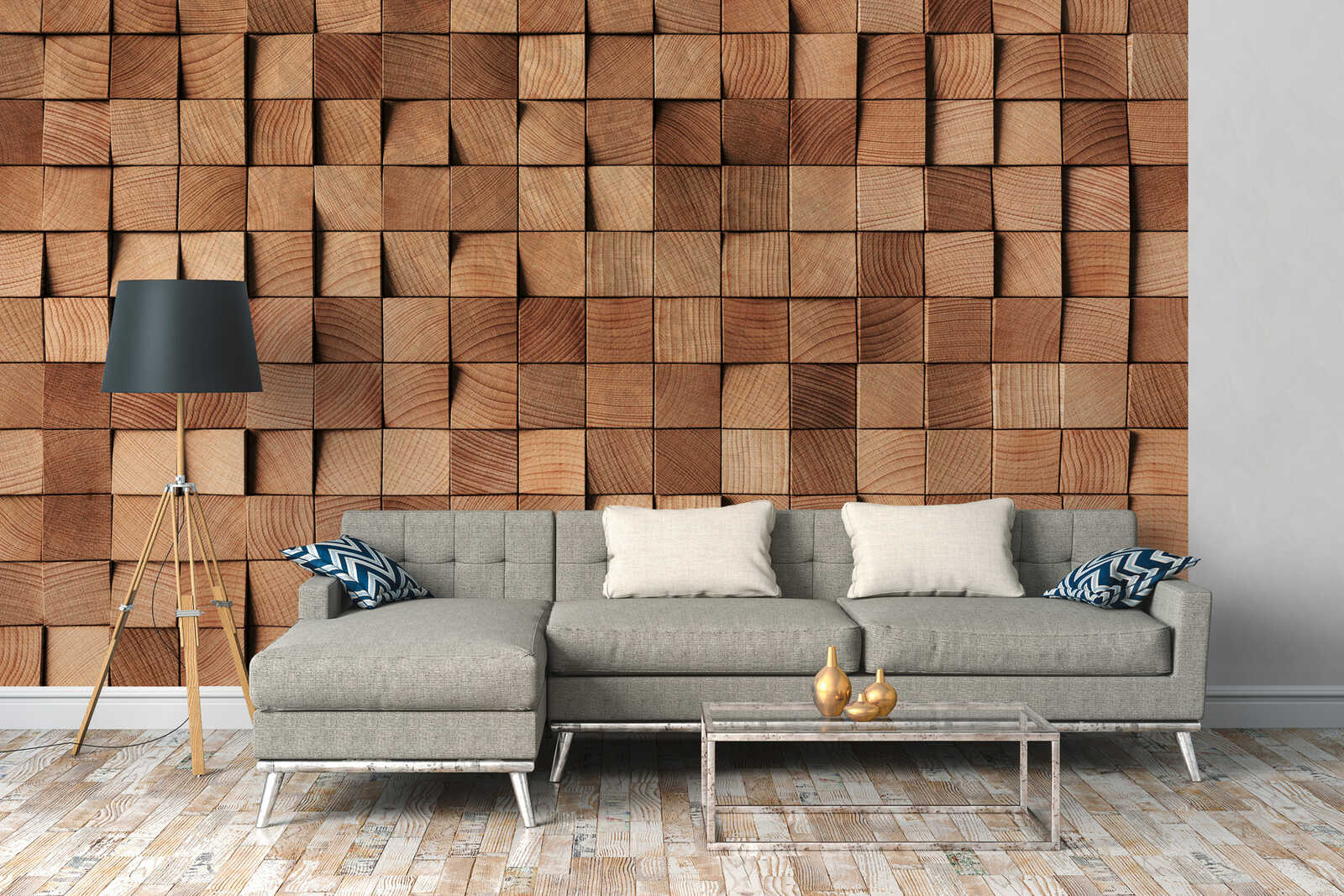         3D Holz-Mosaik Fototapete in natürlicher Holzoptik als Vliestapete – Bunt
    