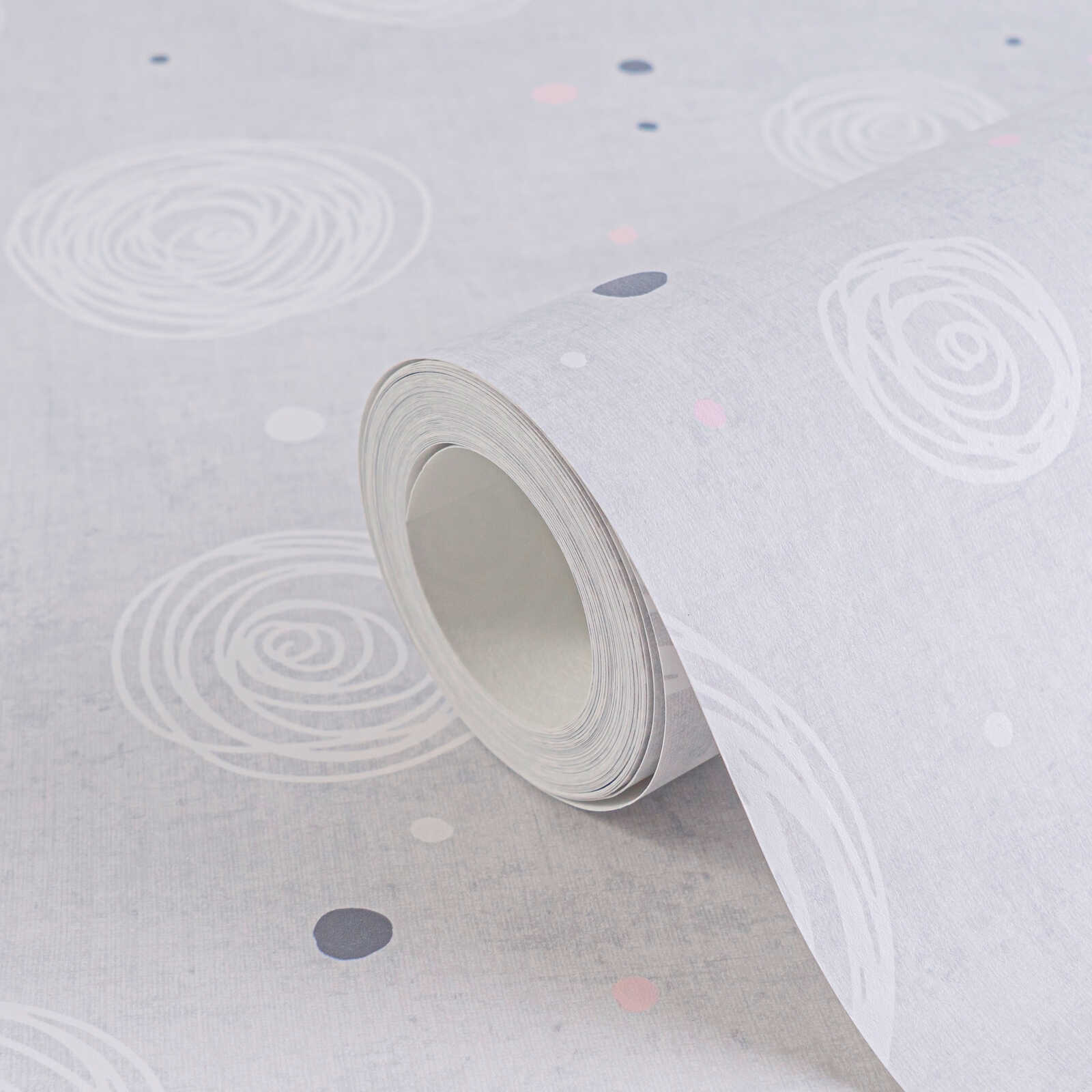             Vliestapete verspielte Kreise und Punkte – Moderne Akzente für fröhliche Kinderzimmer – Grau, Rosa, Weiß
        