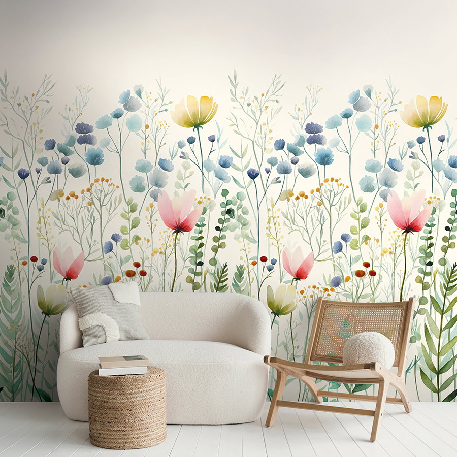 blumiger wandtapete, wandtapete, botanische tapete, zarte farben, wohnzimmer dekoration