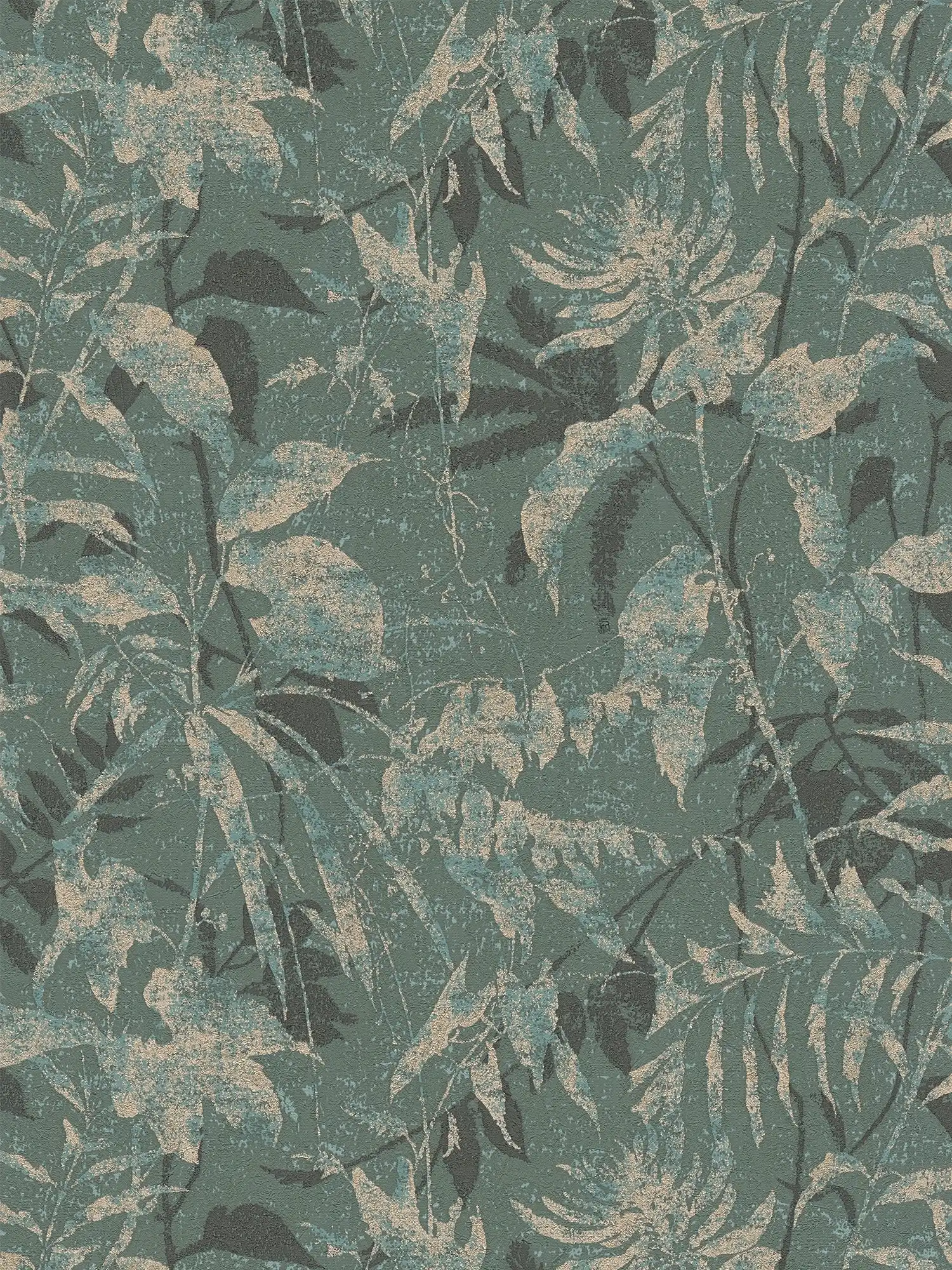         Lebendige Vliestapete mit Blättermotiv und feiner Struktur – Blau, Grün, Gold
    