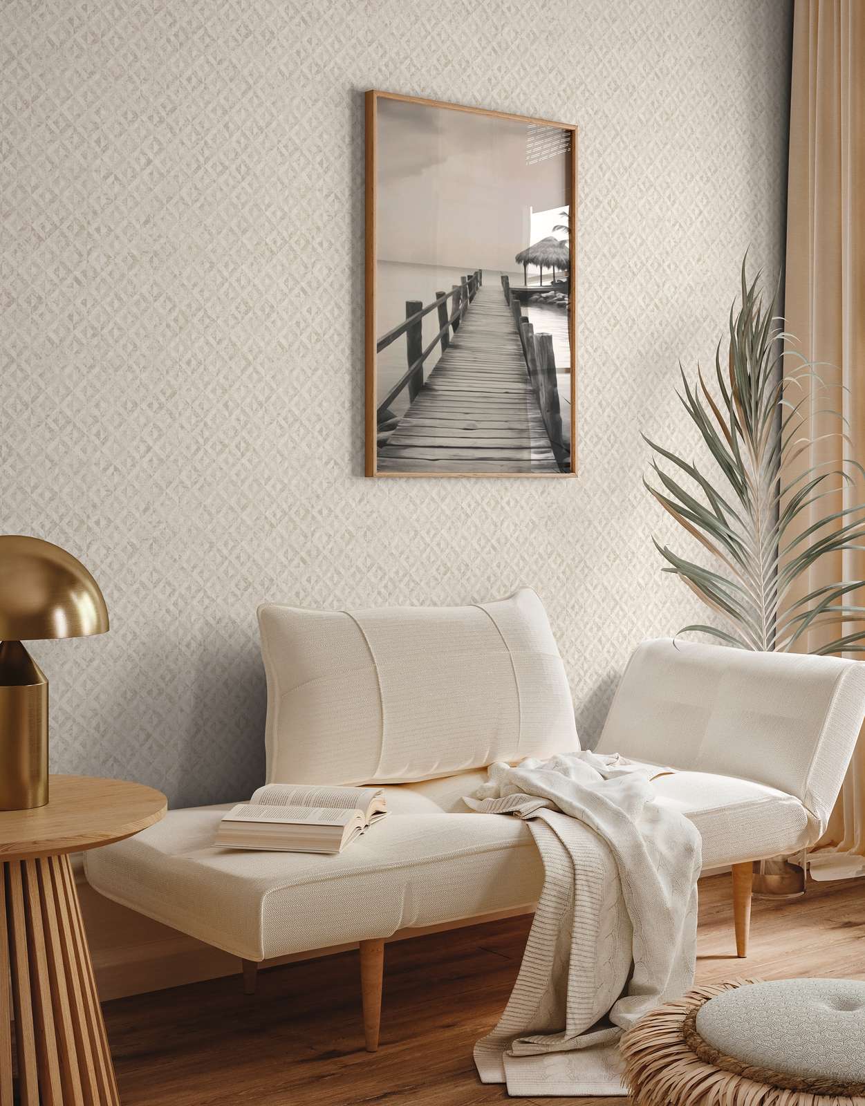             Bemusterte Tapete mit abstrakten Ornamenten – Weiß, Gold
        