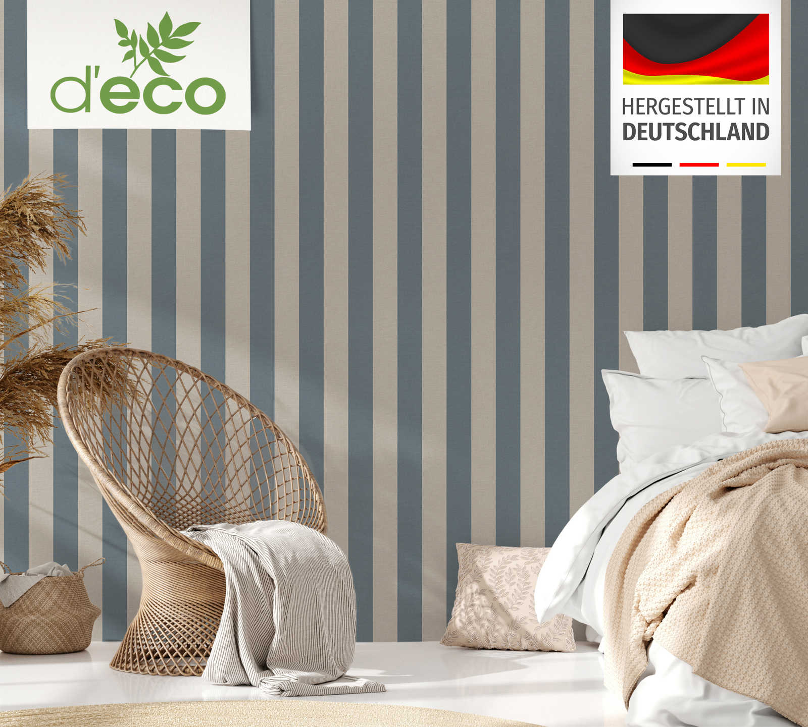             Streifentapete mit Leinenoptik PVC-frei – Blau, Braun
        