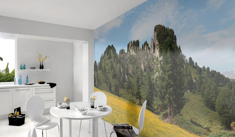  Esszimmer, Kulisse Wald Berg, Wandbild Panorama, Weiße Möbel, Runder Tisch