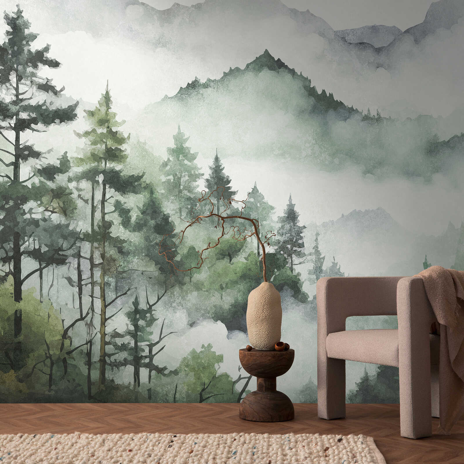         Schilderachtig boslandschap fotobehang in aquarel design als vliesbehang - groen, wit, grijs
    