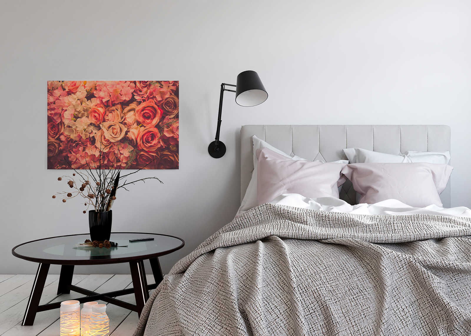             Canvas met romantisch rozenmotief in linnenlook - 0,90 m x 0,60 m
        